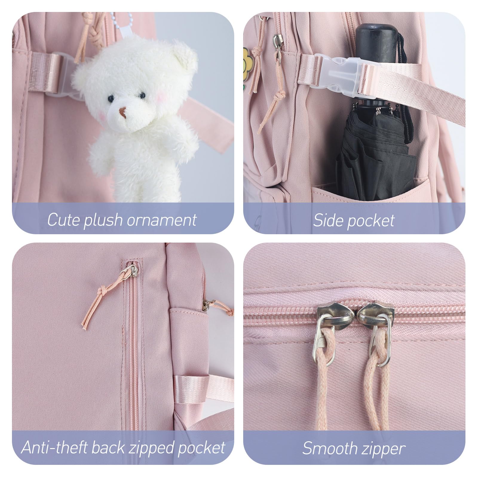 Sac à Dos D'école Kawaii pour Filles et Femmes,Joli Sac à Dos Esthétique avec épingle et Accessoires