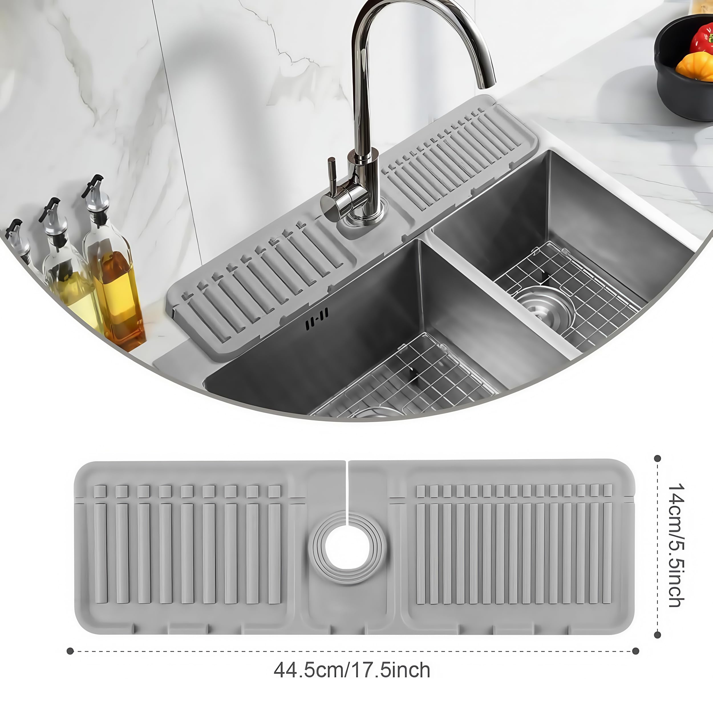 VINEGO Faucet Mat for Kitchen Sink - 2024 Premium Upgrade: Enhanced Silicone Splash Guard with Rapid Drying & Dish Soap Sponge Holder, Perfect for Stone Sinks in Kitchen & Bathroom (Gray, 1 PCS)