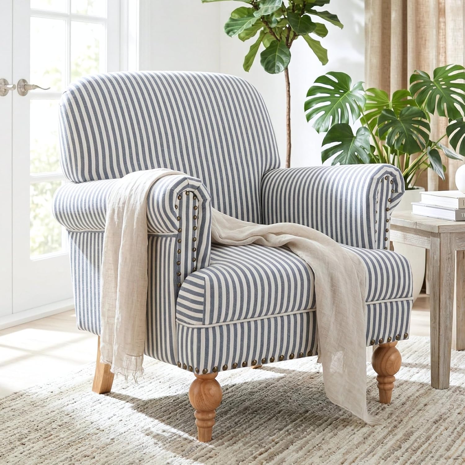 Blue Striped Linen Fabric Accent Chair, Coastal Upholstered Armchair with Nailhead Trim & Ball Turned Wood Legs, Modern Farmhouse Club Chair for Living Room Bedroom Guest Room