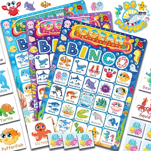 Juego de bingo oceánico para 24 jugadores, animales del océano, juego de bingo para niños, juegos de bingo bajo el mar, para actividades familiares