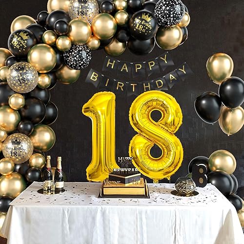 Miniatura 3 de Decoraciones de cumpleaños número 18 para niños, globos negros y dorados, kit de arco de guirnalda con el número 18, globo de confeti de papel de