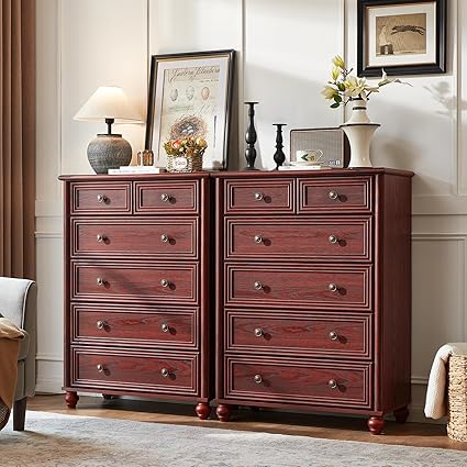 Farmhouse 6 Drawer Dresser Set of 2, Red Oak Chest of Drawers, 43.5" Tall Dressers for Bedroom with Roman Column and Metal Handles, Rustic Wood Storage Organizer for Living Room, Hallway, Closet