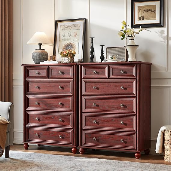 Farmhouse 6 Drawer Dresser Set of 2, Red Oak Chest of Drawers, 43.5" Tall Dressers for Bedroom with Roman Column and Metal Handles, Rustic Wood Storage Organizer for Living Room, Hallway, Closet