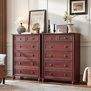 Farmhouse 6 Drawer Dresser Set of 2, Red Oak Chest of Drawers, 43.5" Tall Dressers for Bedroom with Roman Column and Metal Handles, Rustic Wood Storage Organizer for Living Room, Hallway, Closet