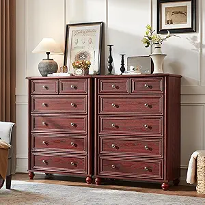 Farmhouse 6 Drawer Dresser Set of 2, Red Oak Chest of Drawers, 43.5" Tall Dressers for Bedroom with Roman Column and Metal Handles, Rustic Wood Storage Organizer for Living Room, Hallway, Closet