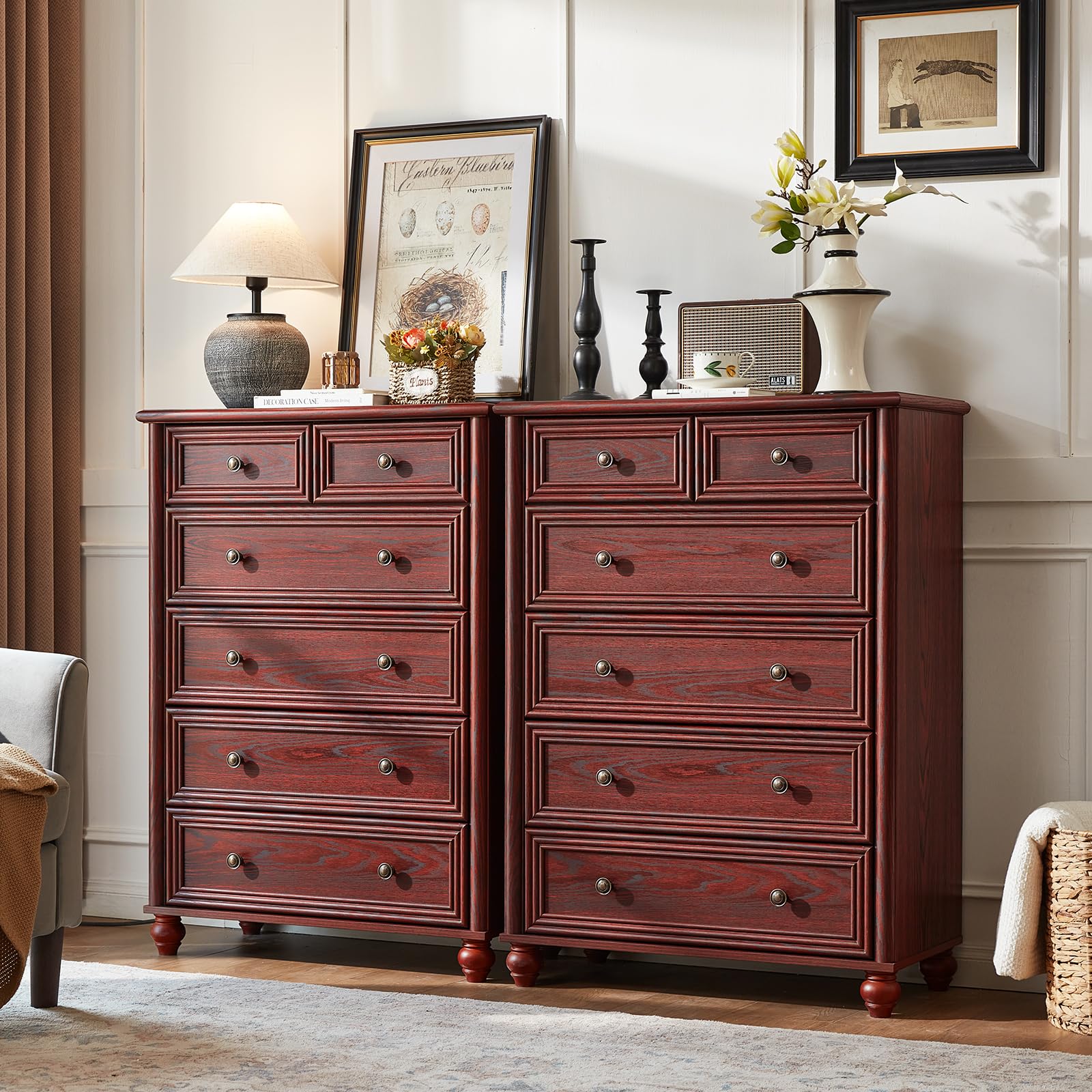 RWYHG Farmhouse 6 Drawer Dresser Set of 2, Chest of Drawers for Bedroom, 43.5" Tall Dresser with Roman Column, Rustic Wood Storage Dressers Organizer for Living Room, Hallway, Closet(Red Oak)