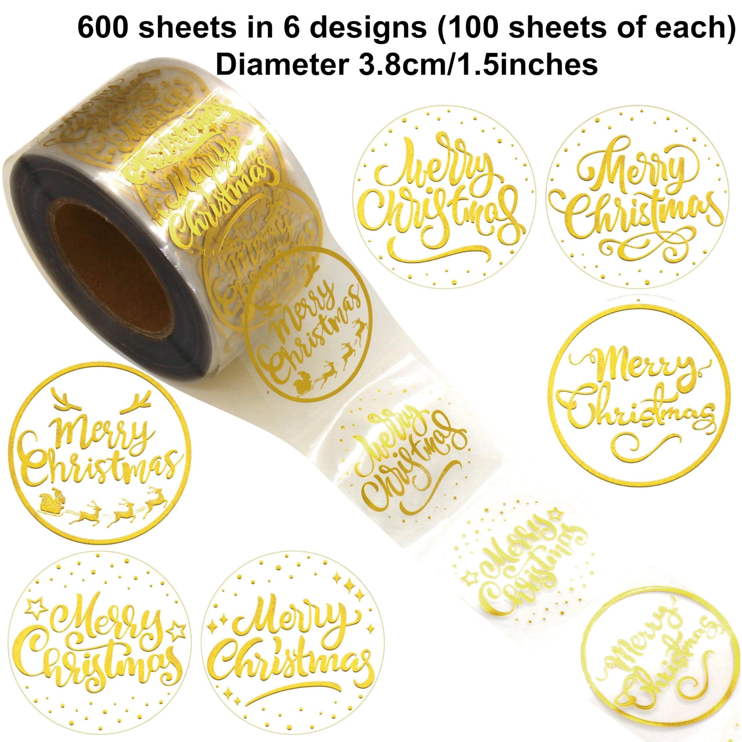 Masper Christmas Stickers, 3.8 cm, 600 Sheets, 6 Waterproof Transparent Gold Foil Shiny Designs - Image 2