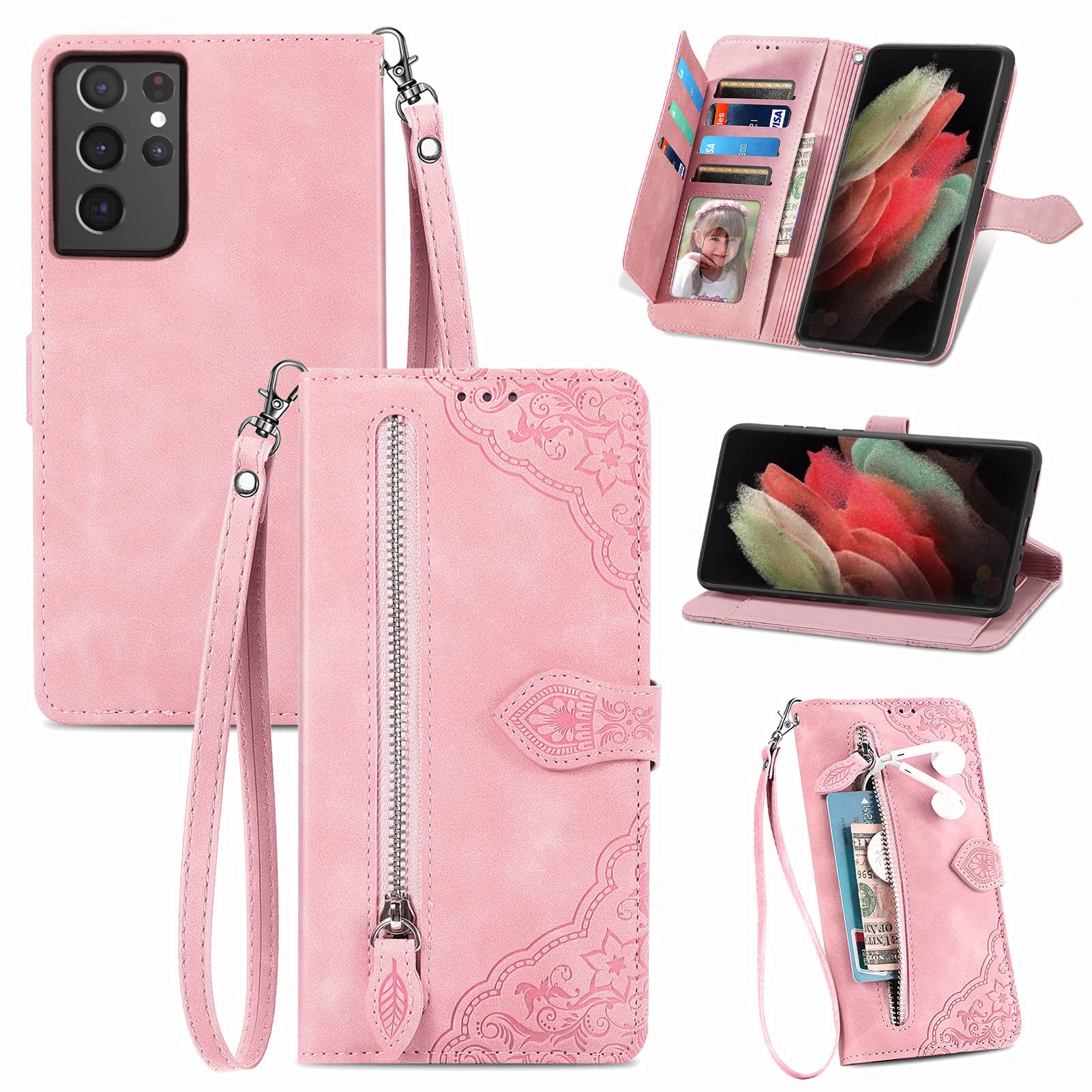 Furiet Compatible with Samsung Galaxy S21 Ultra 5G Wallet Case with Wrist Strap Lanyard and Leather Flip Card Holder Stand Cell Accessories Phone Cover for S21ultra 21S S 21 21ultra G5 Women Pink