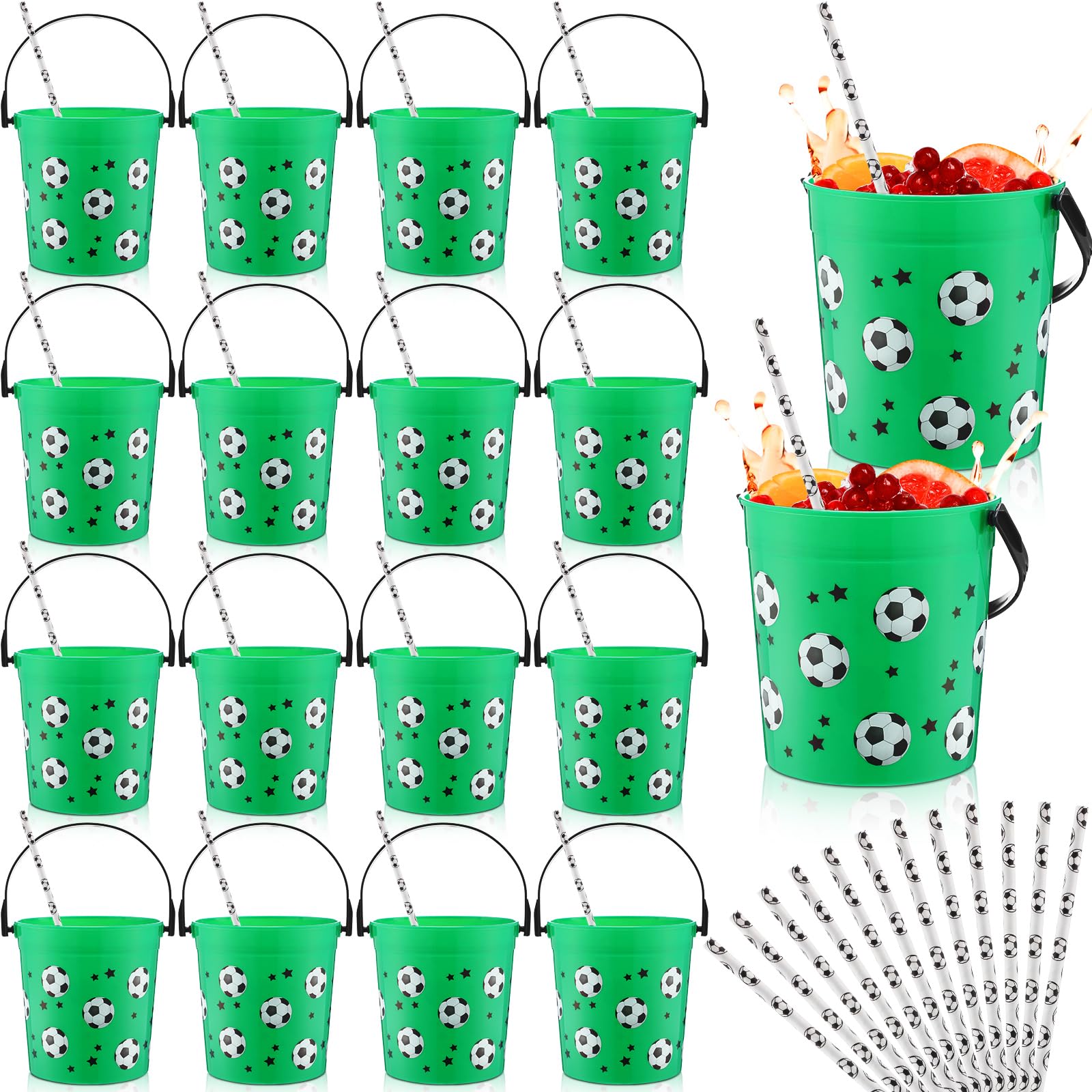 24 Pcs 32 oz Soccer Buckets with Handles and Straws Soccer Party Favors Rum Buckets Small Plastic Ice Soccer Cocktail Buckets Bulk Reusable Punch Bowls for Drinks Beer Beverages