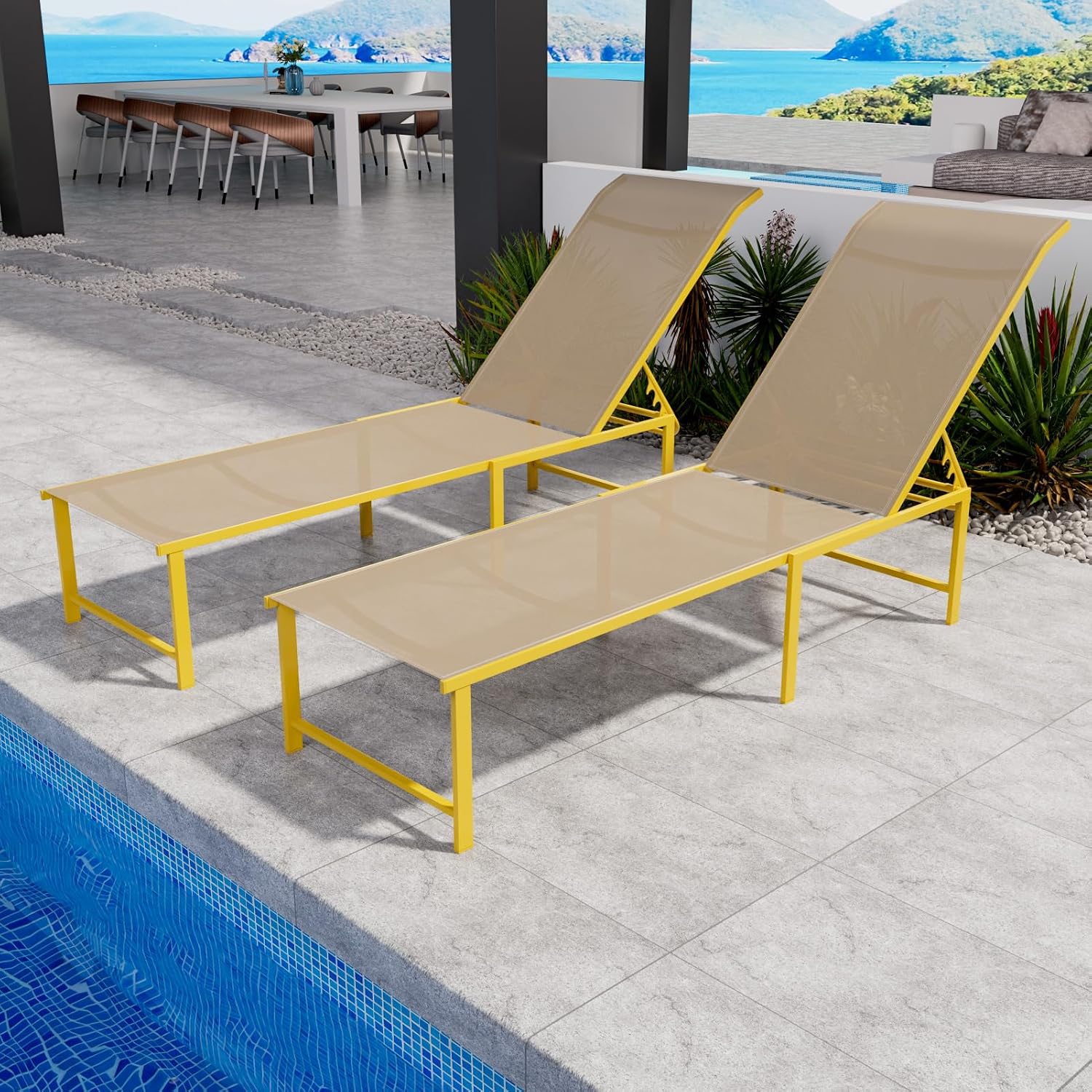 Outdoor Pool Lounge Chairs, Patio Aluminum Chaise Lounge, Five-Position Recliner Loungers for Poolside Yard Balcony Deck Beach (Yellow)