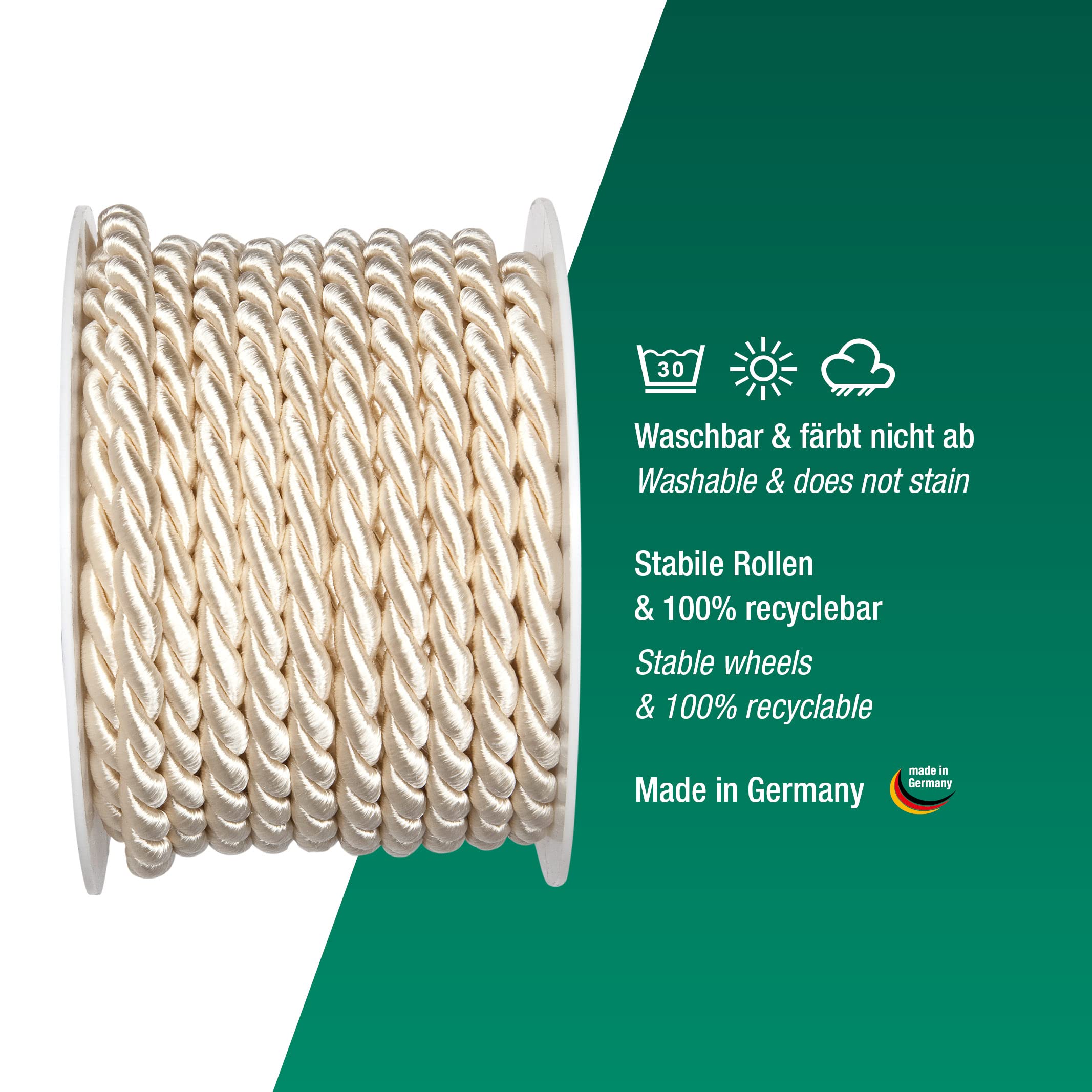 Halbach Seidenbänder Premium Cord (Cream), Width 8 mm, Length 10 m, Made in Germany and Oeko-Tex Certified - Image 3