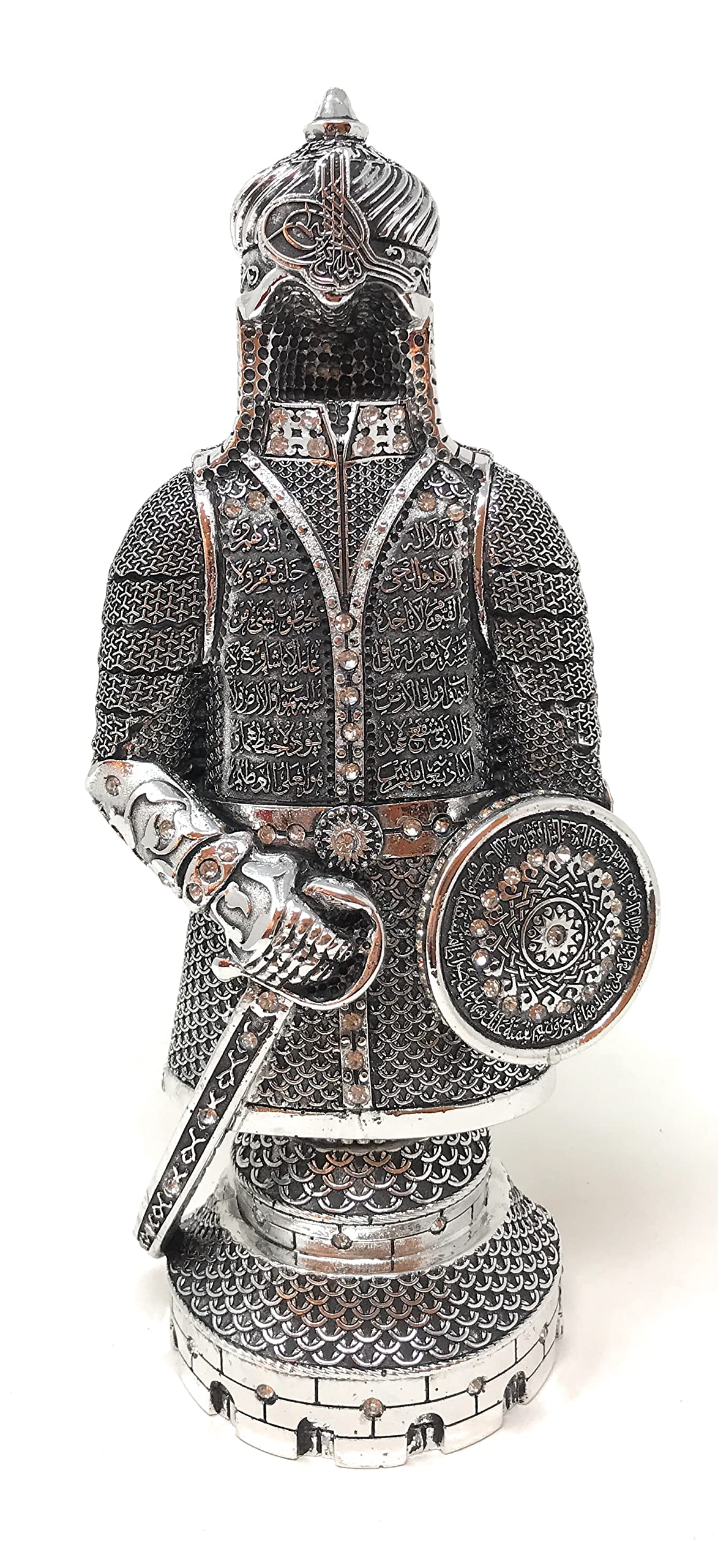 Yagmurcan Ayatul Kursi and Al Fath Ottoman Military Armor Man Model Home Table Decor Showpiece Ornament Eid Gift (Medium, Silver Tone)