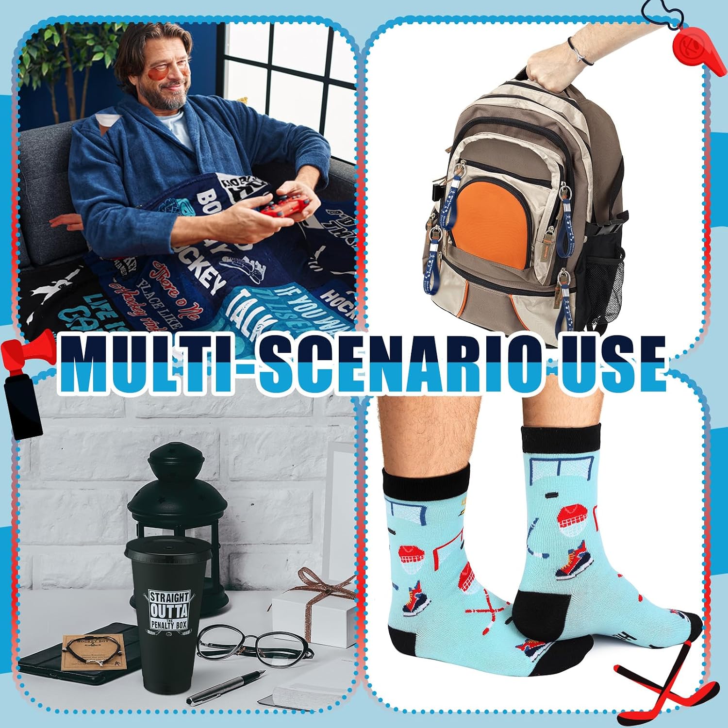 Newcotte 6 Pcs Ice Hockey Player Gifts Set Hockey Themed Gift Include Blanket Plastic Cups Socks Bracelet Motivational Keychains for Ice-Hockey Player Birthday Party Decorations