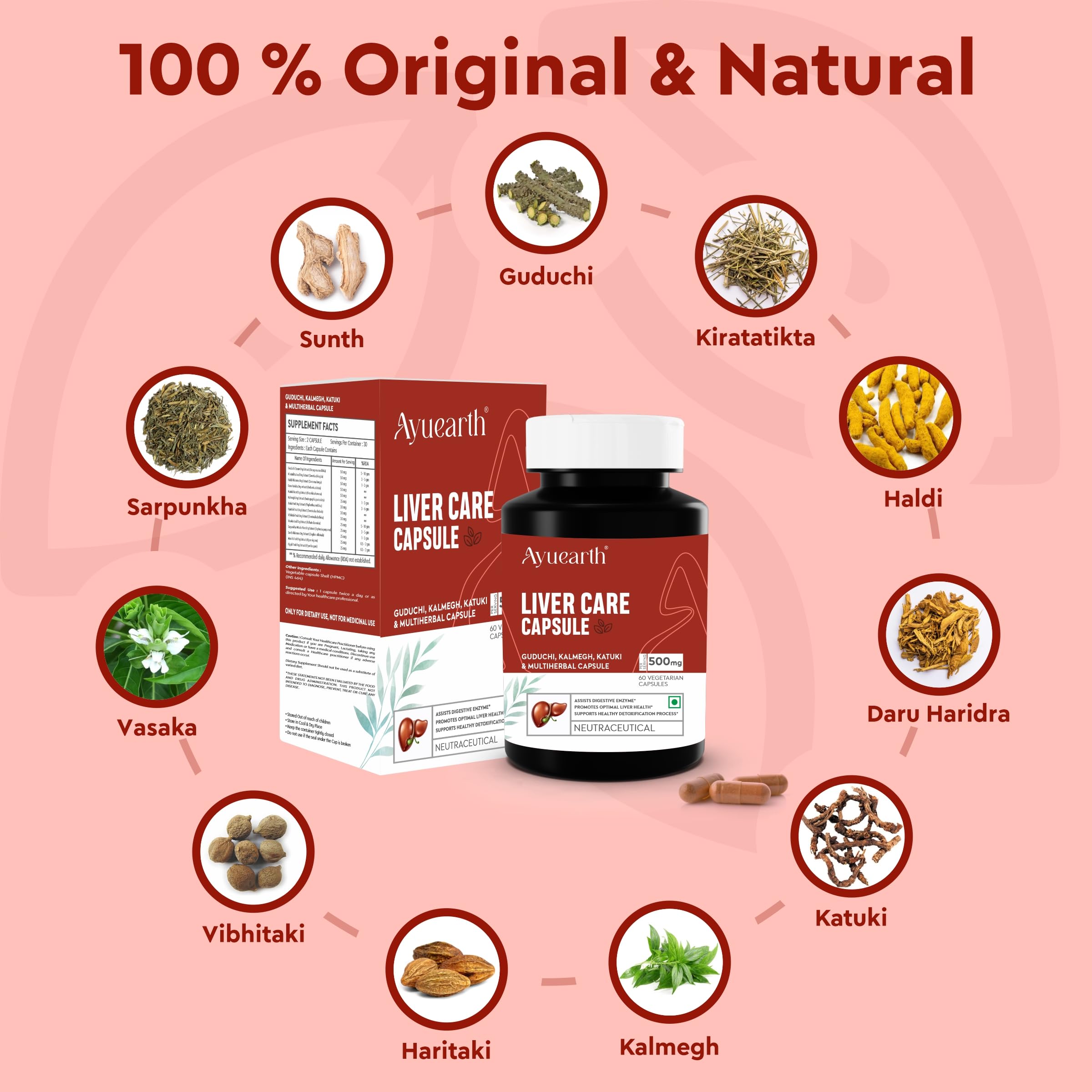 Ayuearth Liver Care Capsule 500 mg | Liver Detox | Guduchi, Kalmegh, Katuki & Multi Herbal Capsule | Promotes Liver Health | Support Fatty Liver | Improves Digestion | 60 Vegetarian Capsules 2