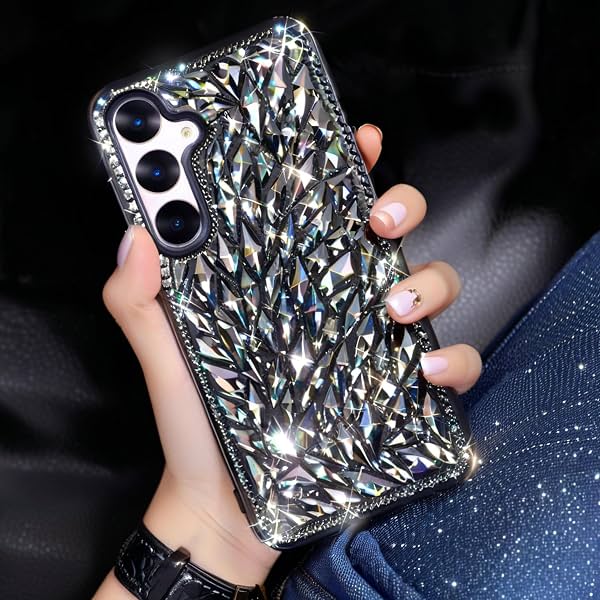 Funda para Samsung Galaxy A56 con brillantina 3D, lujosa y brillante con cristales de strass, bumper transparente con gemas, funda protectora linda para Galaxy A56, negro