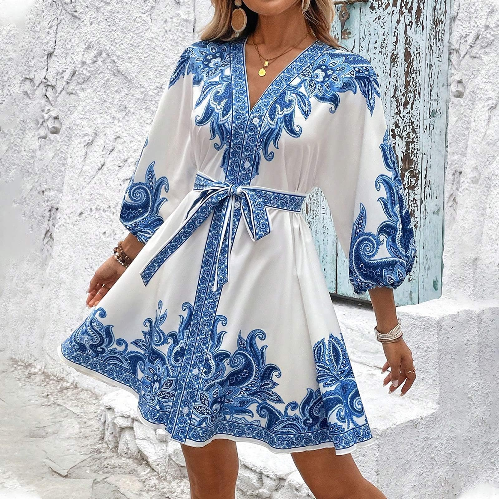 Boho Kleid Damen Sommer Kurz 3/4 Ärmel Sommerkleid Damen Elegant A Linie Mit Gürtel Bohemian Sommerkleider Leicht Und Luftig Festlich Kleider Mit Knopfleiste Strandkleid Frauen Ibiza Style