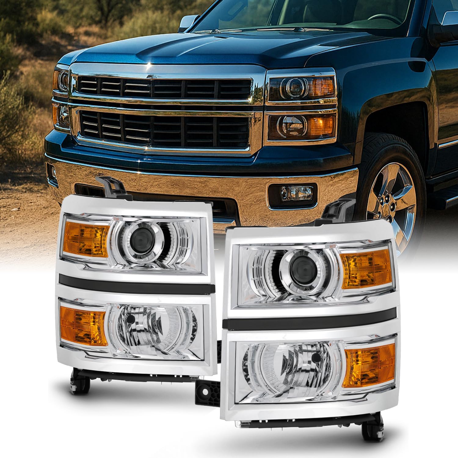 AKKON - For 2014 2015 Chevy Silverado 1500 Pickup Truck Chrome Clear Projector Headlight Lamp Assembly Driver + Passenger Side