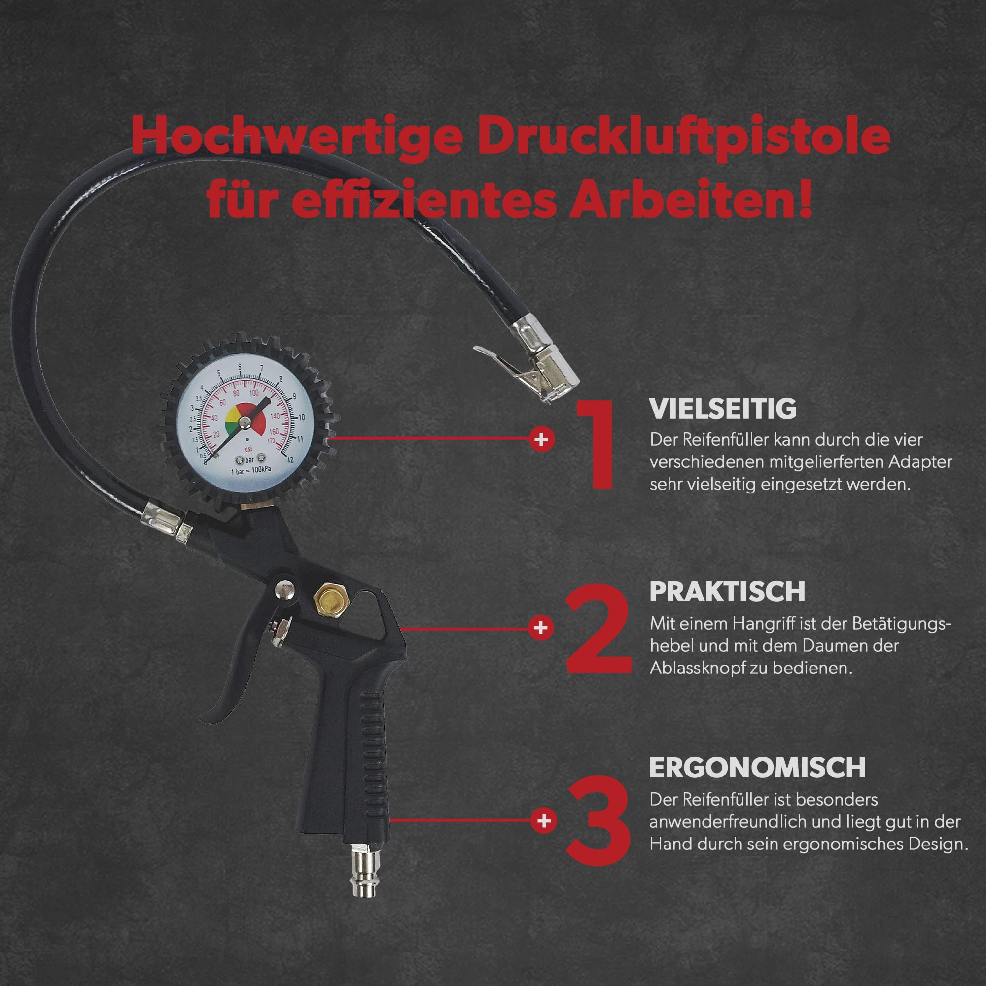 siwitec Kompressor Zubehör-Set: 5 m Druckluftschlauch, Druckluftpistole mit zwei Verlängerungen (6 und 10 cm) und Reifendruckprüfer bis max 12 bar mit vier Adaptern | Druckluftwerkzeug