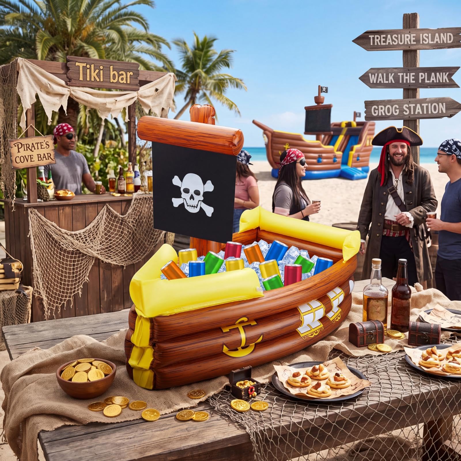 Cunhill 2 pezzi gonfiabile pirata nave dispositivo di raffreddamento gonfiabile per Halloween nave pirata per cibo bevande servire bar pirata decorazioni festa compleanno piscina forniture