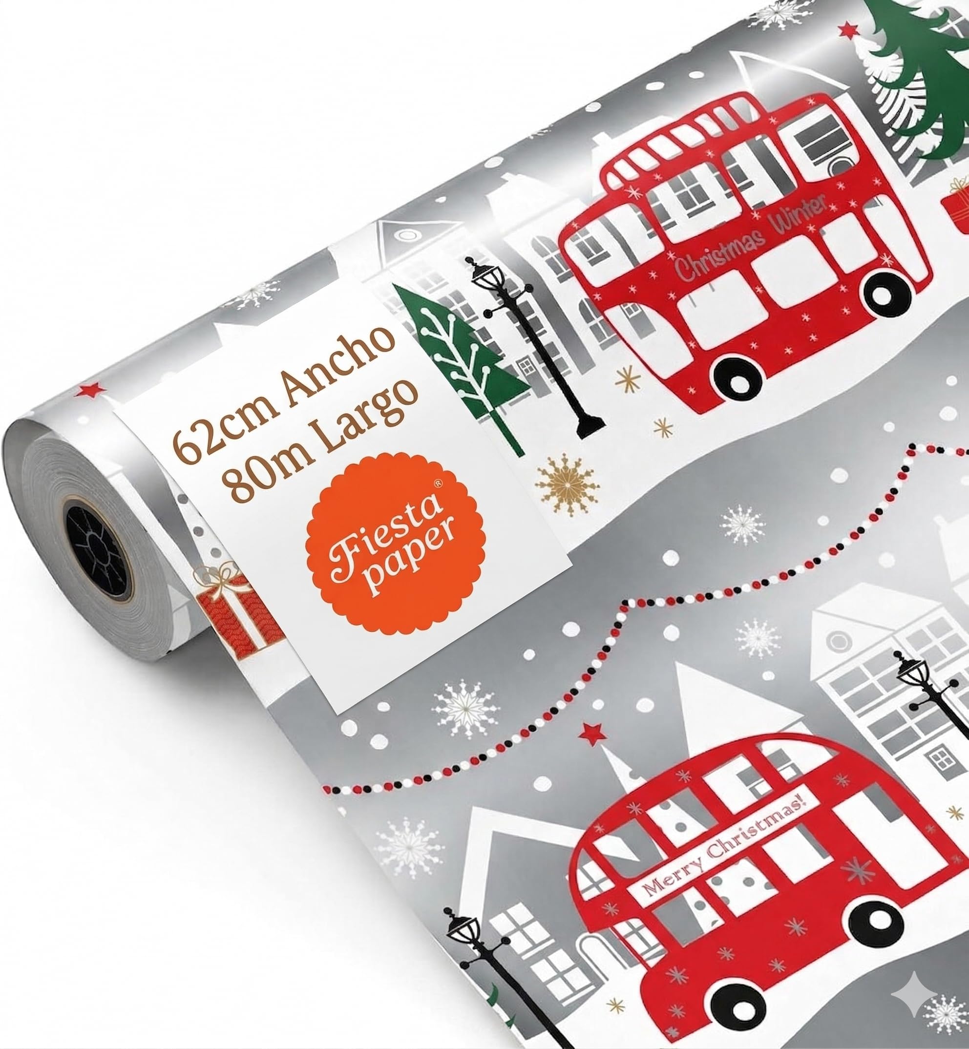Bobine de papier cadeau, grand rouleau 62 cm x 100 m • AUTOBUS ARGENT • Idéal pour : Magasins Entreprises Commerces Envelopper Cadeaux Anniversaires Baby Shower Mariages [FP Fiesta Paper]