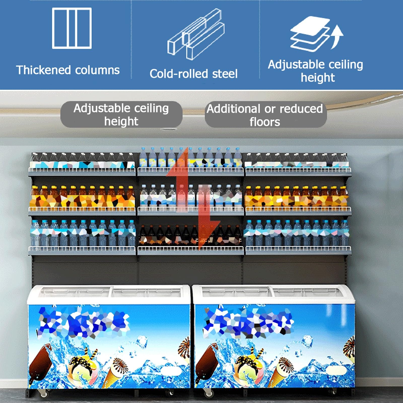 unità di scaffalatura del congelatore Commerciale, Rack di stoccaggio dell'esposizione al Dettaglio Resistente per supermercati, generi Alimentari, Negozi di liquori, Bianco, bianco-122.5x39x196cm