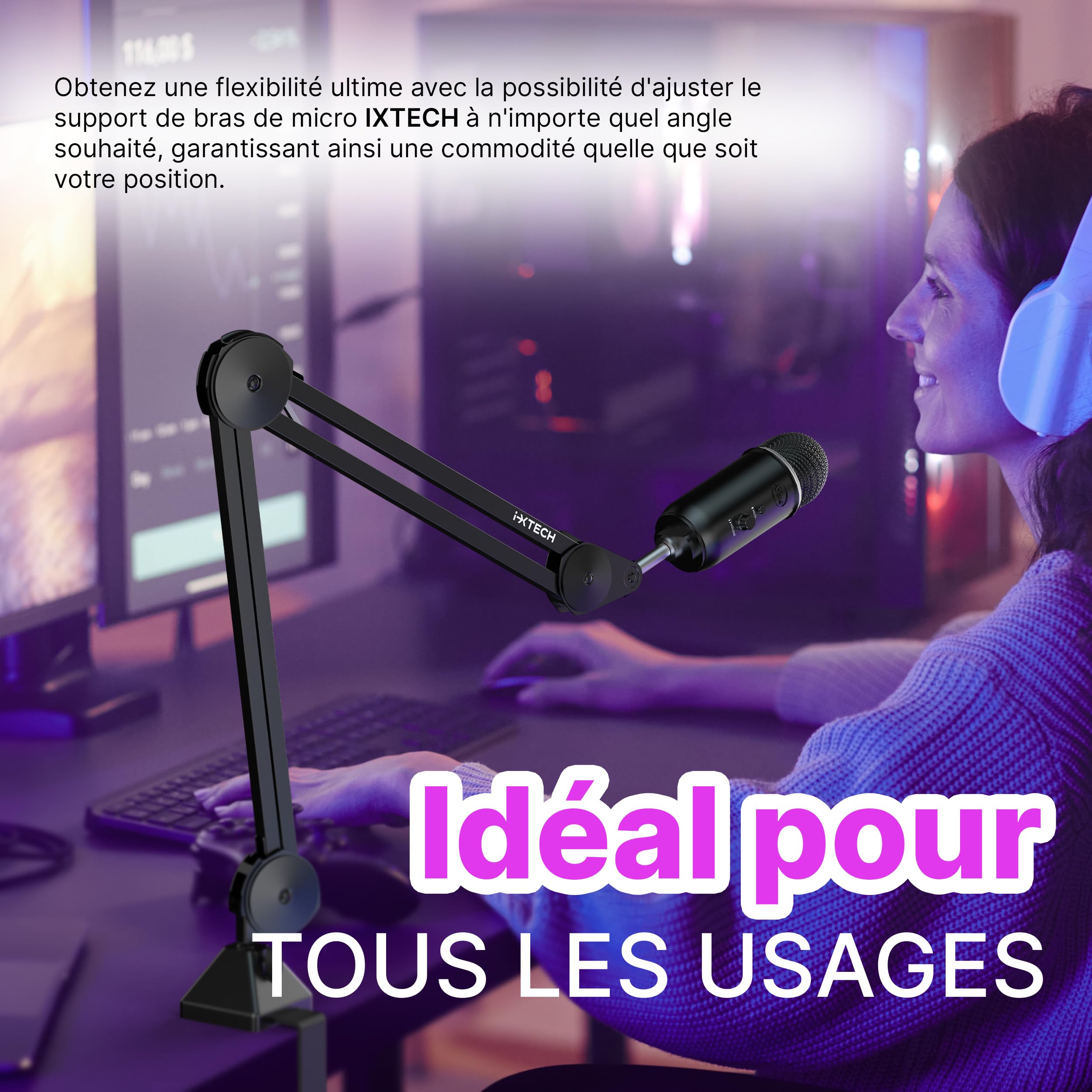 IXTECH Microphone Boom Arm stand, Support pour micro ajustable avec attaches, montant de bureau pour streaming, podcast et jeu (MÉDIAUX)