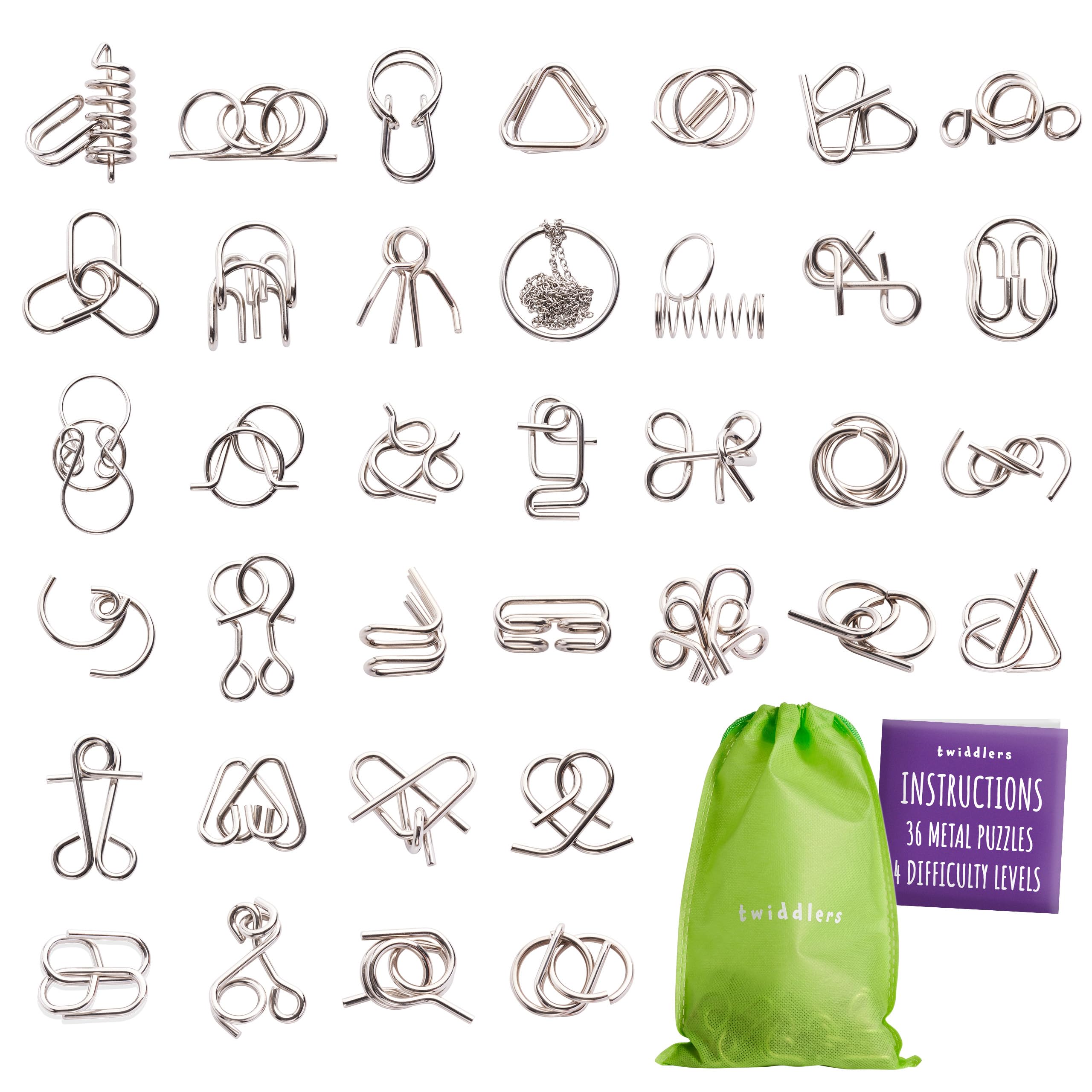 THE TWIDDLERS 36 Pieces Metal Wire IQ Brain Teaser Mind Puzzles, Multipack Mini School Gift Toys, Party Bag Fillers for Kids & Adults Party Favours, Instructions Included