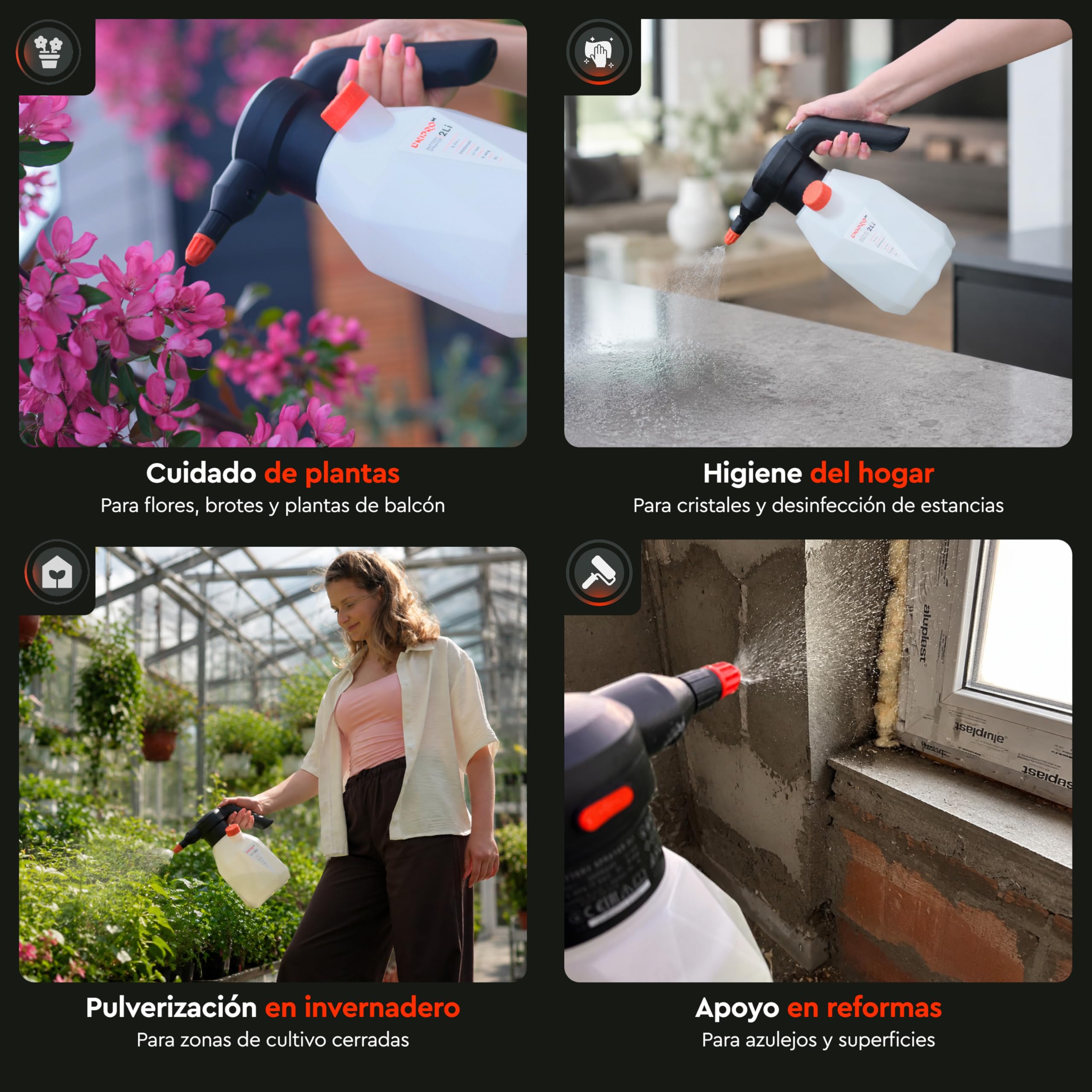 Pulverizador Eléctrico a Batería 2L, Batería Integrada Li-Ion 3,7V 2000 mAh, USB-C, Boquilla Ajustable, 2 Bar, 0,43 kg, para Plantas, Jardín, Terraza y Desinfección - 2Li