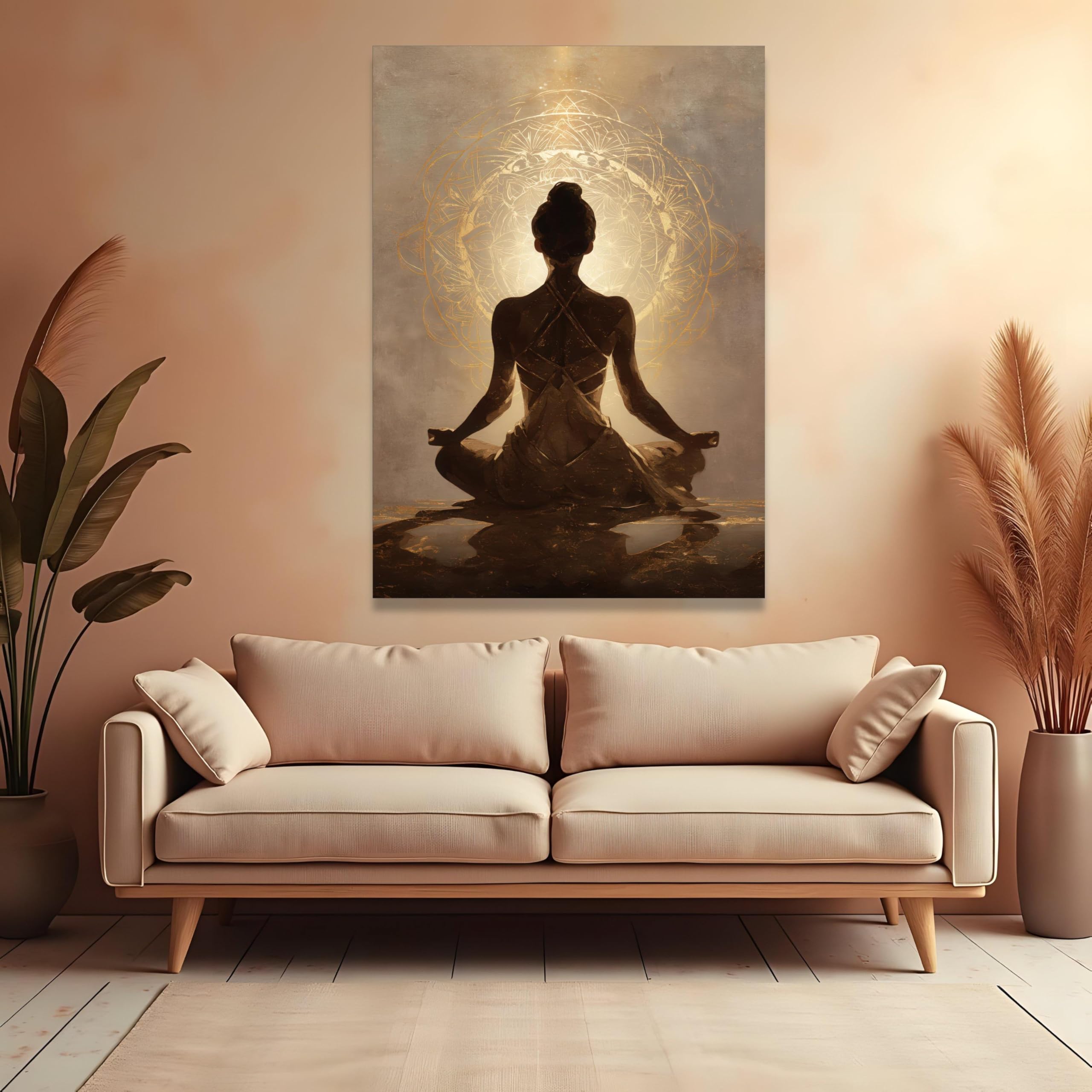 YUSUZHU Tela per meditazione con mandala dorato, silhouette di donna spirituale, decorazione per studio di yoga, tela per meditazione consapevole (30x40 cm/cornice interna)