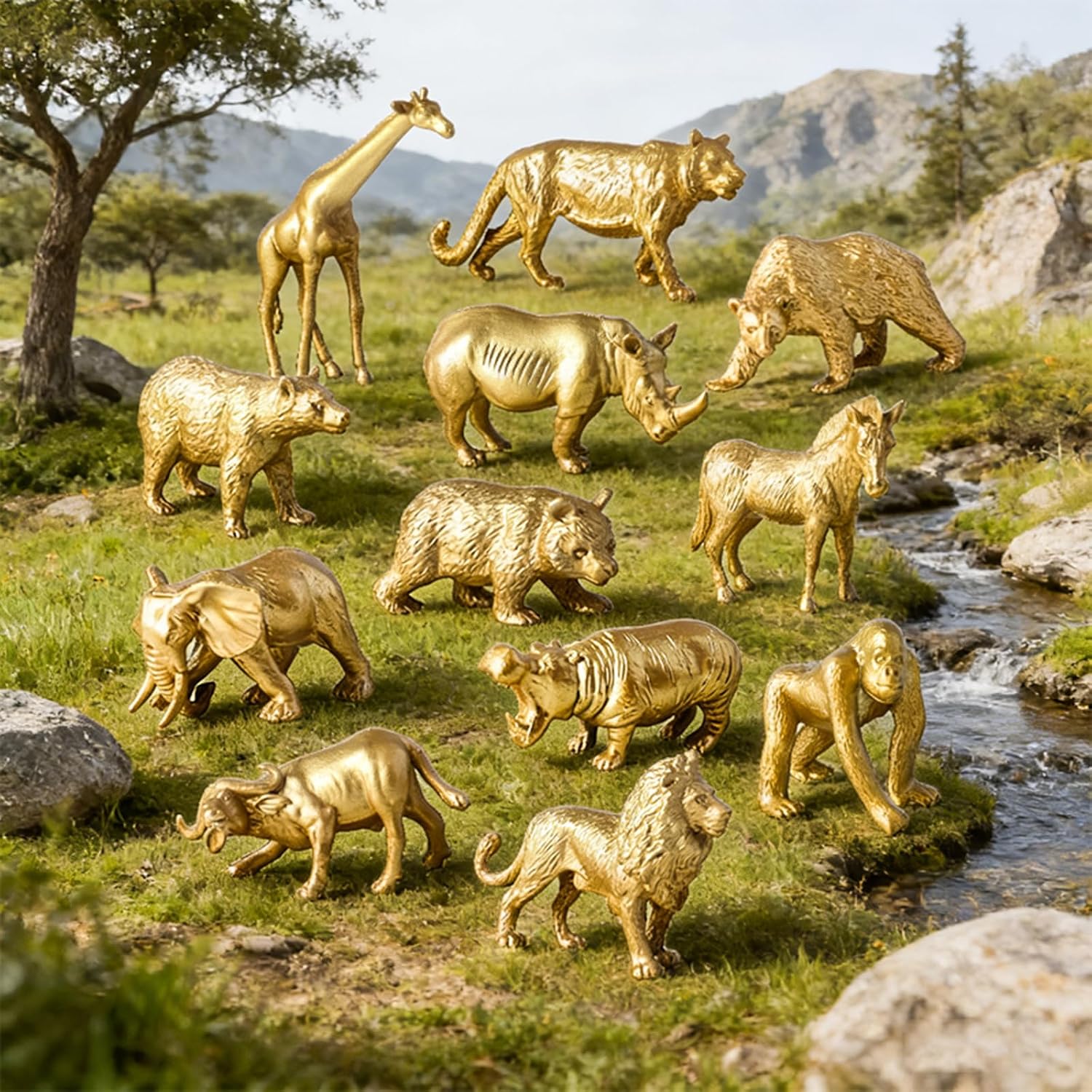 24pcs Gold Animal Figurines Toys, Plastic Safari & Farm Animals Figures, Miniature Zoo Jungle Animals for Cake Toppers Birthday Gift Party Decoration image 2