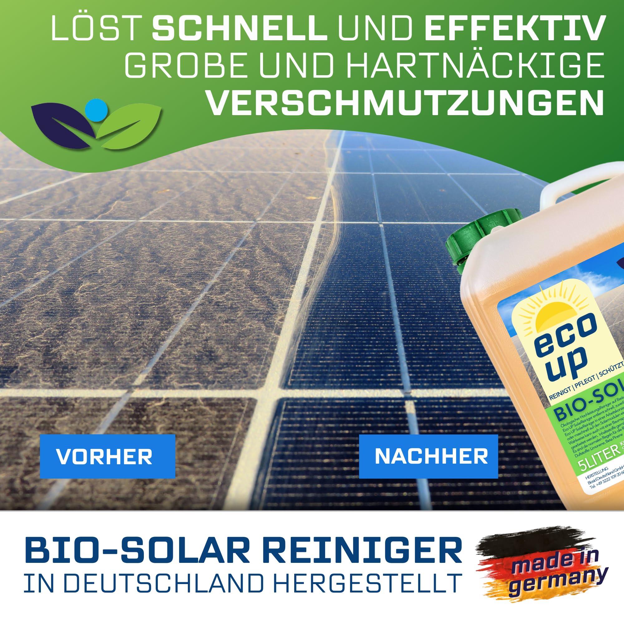 Bio-Solarreiniger, 5 Liter, Konzentrat 1:40 verdünnbar, Photovoltaik, Balkonkraftwerk, Solarmodul Reiniger, biologisch abbaubar, materialschonend, ergiebig, langlebig, inkl. Auslaufhahn