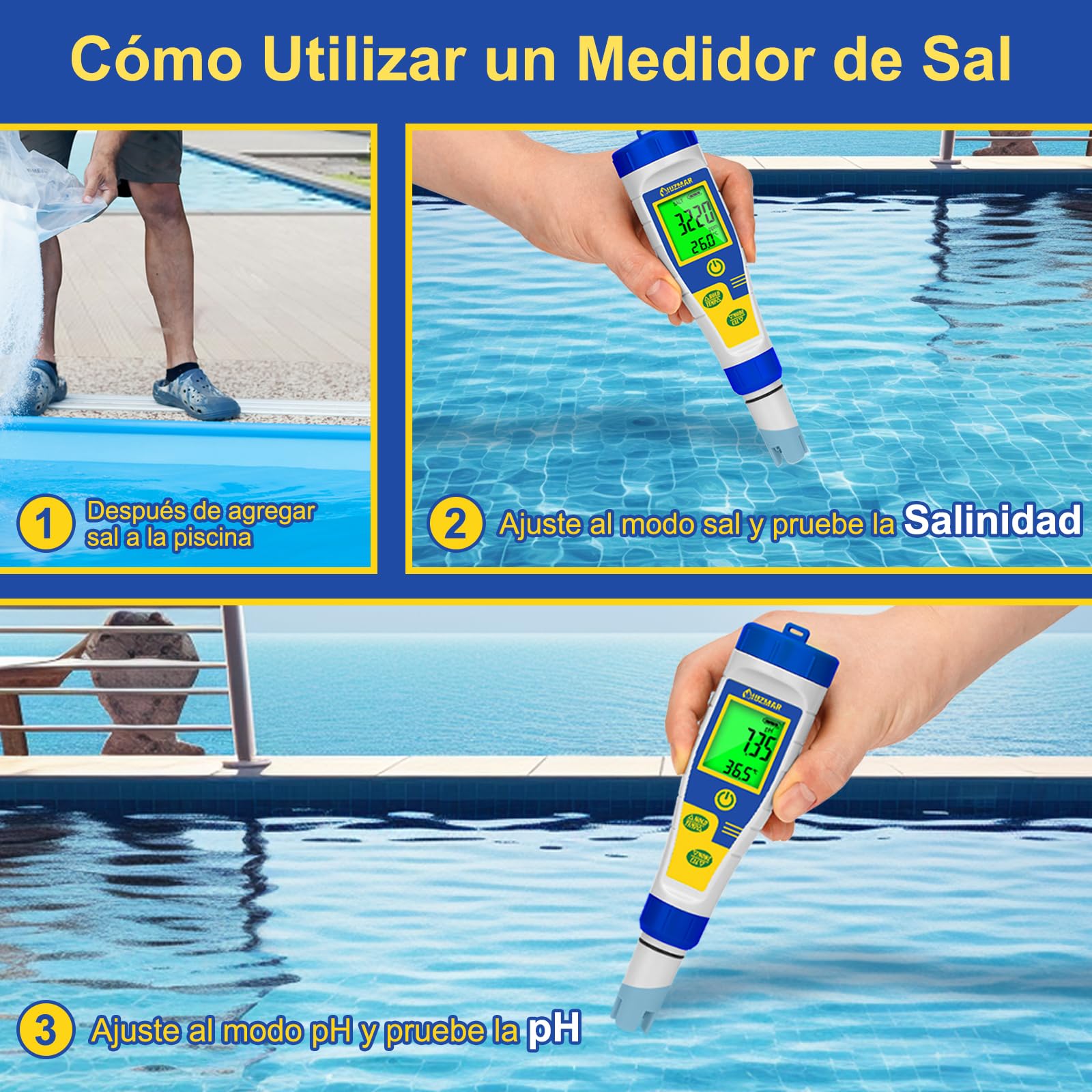 UIUZMAR Medidor de Sal Piscinas, Medidor Digital de Salinidad y pH Piscina Digital, Pantalla Más Grande, 5 en 1 Medidor de pH/Sal/EC/TDS/Temp para Hidroponia, Acuario, Spa, Agua