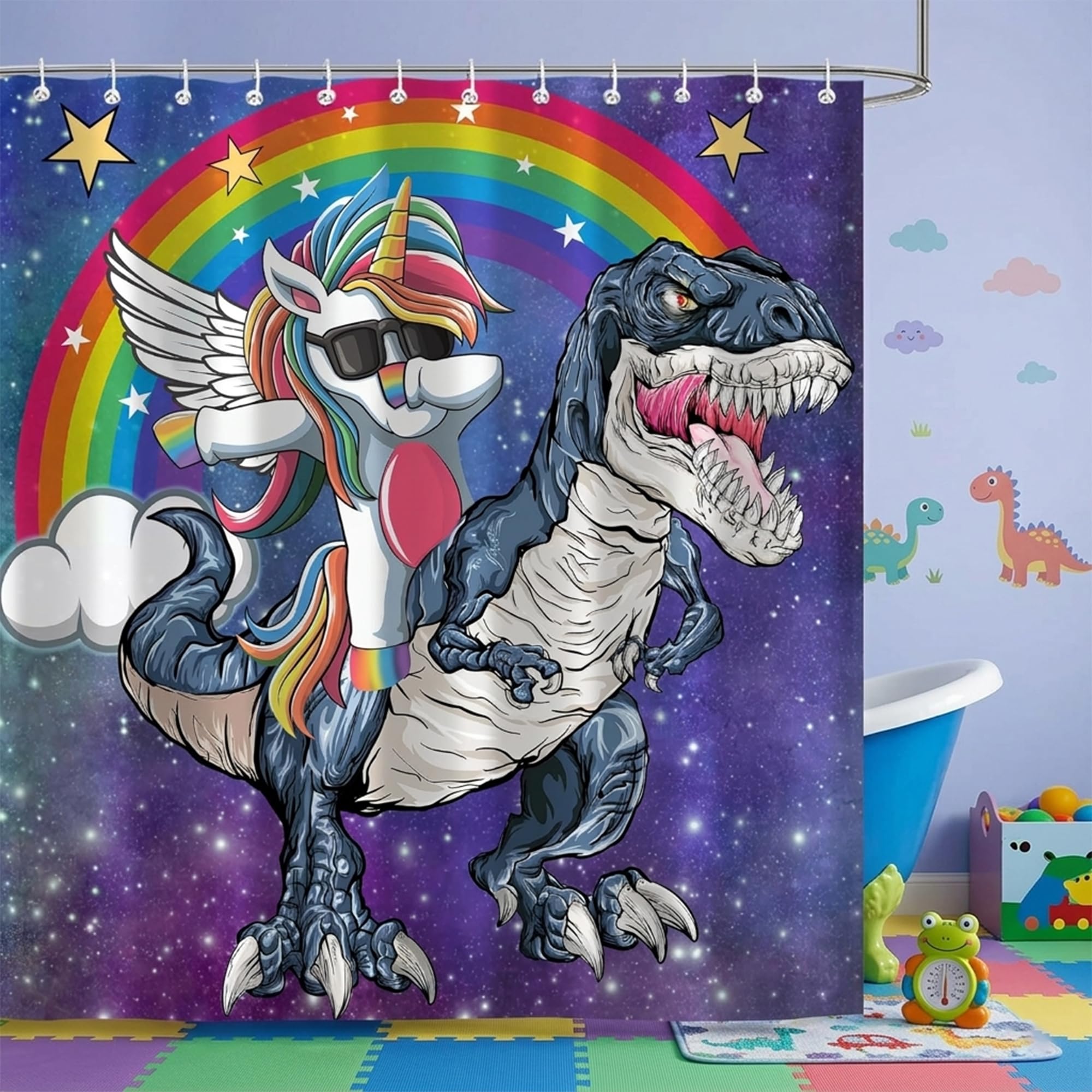 Moonslim Funny Kids Shower Curtains, Unicorn Riding Dinosaur Rainbow Fantasy Space Galaxy Shower Curtain, Purple Fabric Bath Curtain for Bathroom