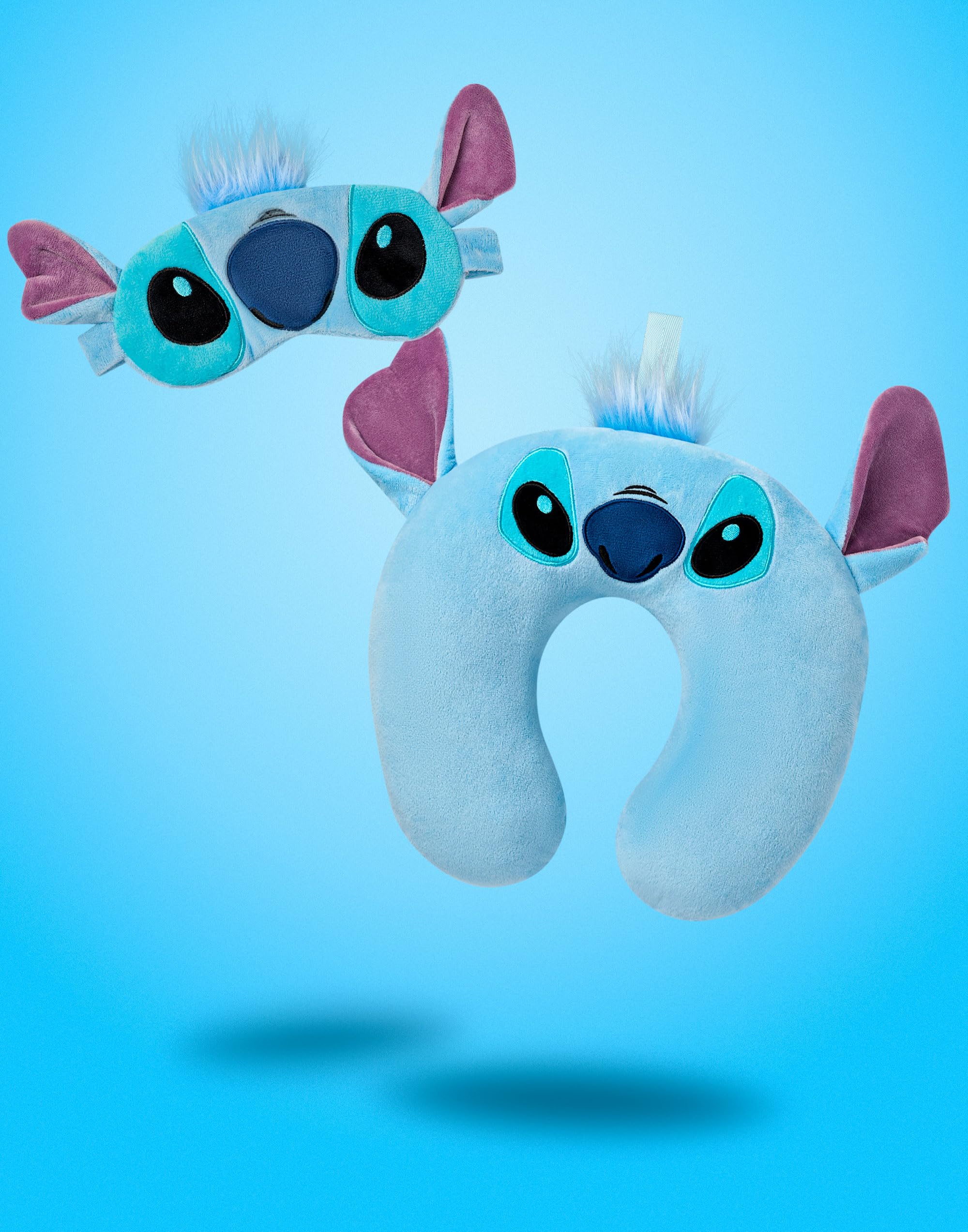 Disney Set Cuscino da Viaggio e Mascherina Lilo & Stitch | Cuscino per il Collo Peloso Blu e Mascherina per Dormire per Donne e Ragazze | Set da Viaggio Coordinato con Orecchie 3D per Adulti