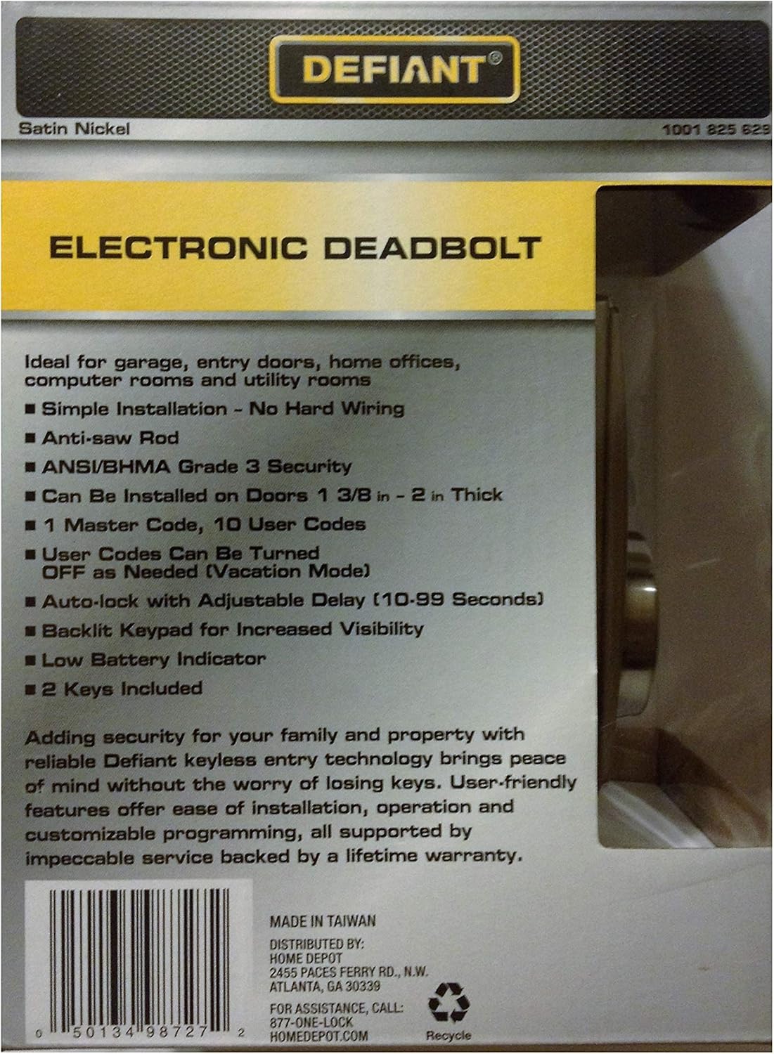 Side view of Defiant Electronic Deadbolt packaging showing features list.