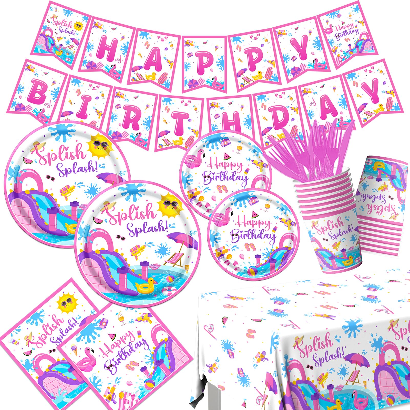 Pink Splish Splash Birthday Decorations Tableware, 142 Pcs Summer Birthday Party Decorations includes Water Slide Party Decorations Plates and Napkins