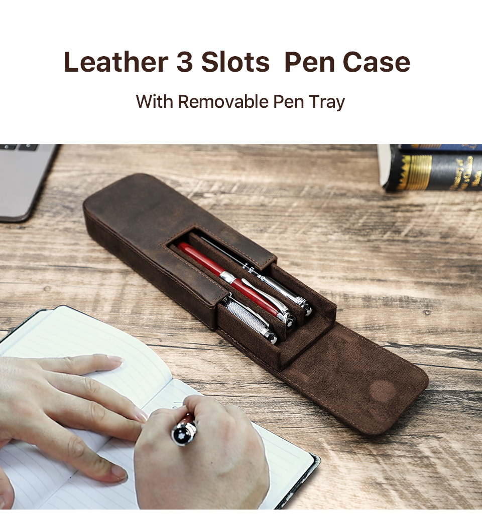 Contacts Echt lederen pennenetui handgemaakt, vintage pennenhouder