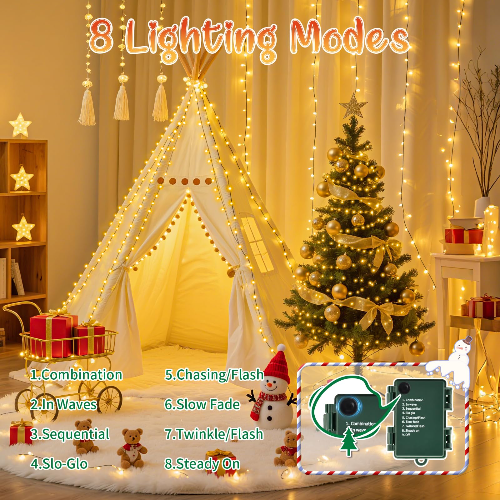 cshare Guirlande lumineuse d'extérieur à piles/USB, 12 m, 120 LED, avec minuterie, étanche IP65, pour sapin de Noël, jardin, décoration intérieure - Blanc chaud (Lot de 4)