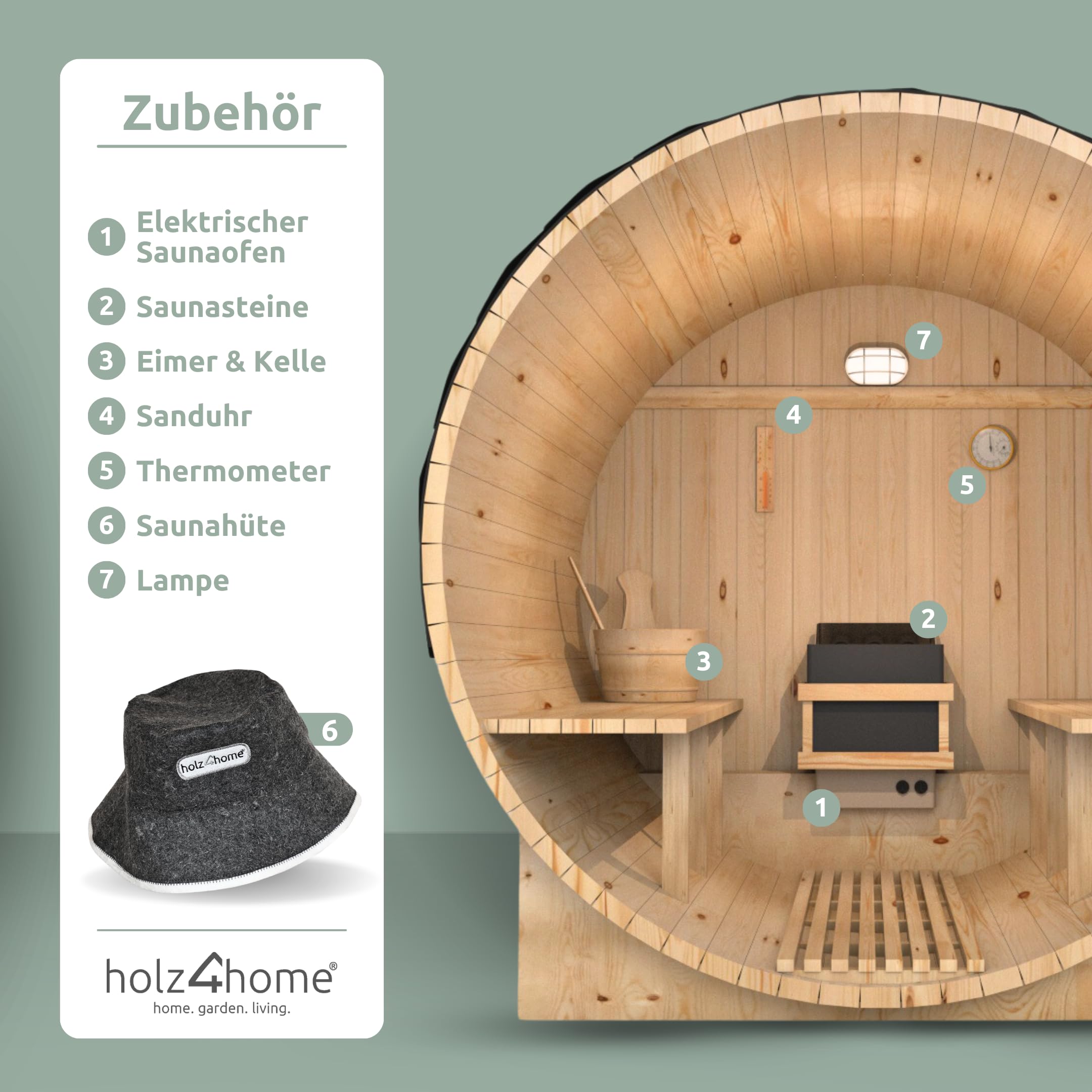 holz4home® Fasssauna Pini Wood inkl. Elektroofen I Gartensauna aus Fichtenholz I Aussensauna Saunafass Sauna für Terrasse Aussenbereich (Sauna L)