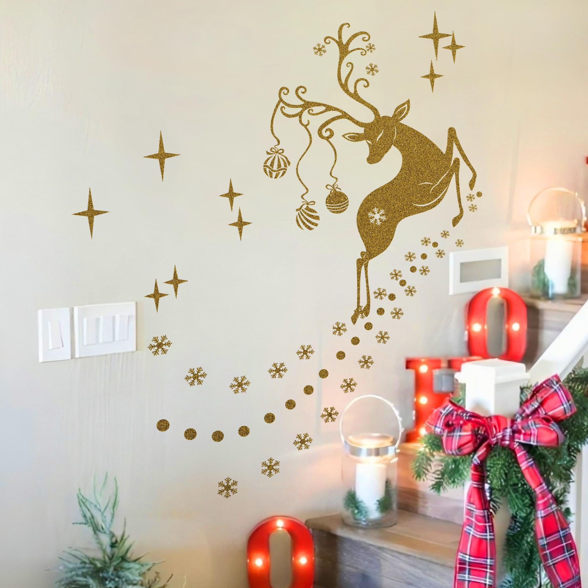 Durable Vinyl Christmas Wall Stickers, Double Sided Santa Reindeer Snowflake Decorations, Removable 55x80cm Rudolf Xmas Window Decals for Home Office Shop Party Décor, for 1.5-2M Wall, Gold