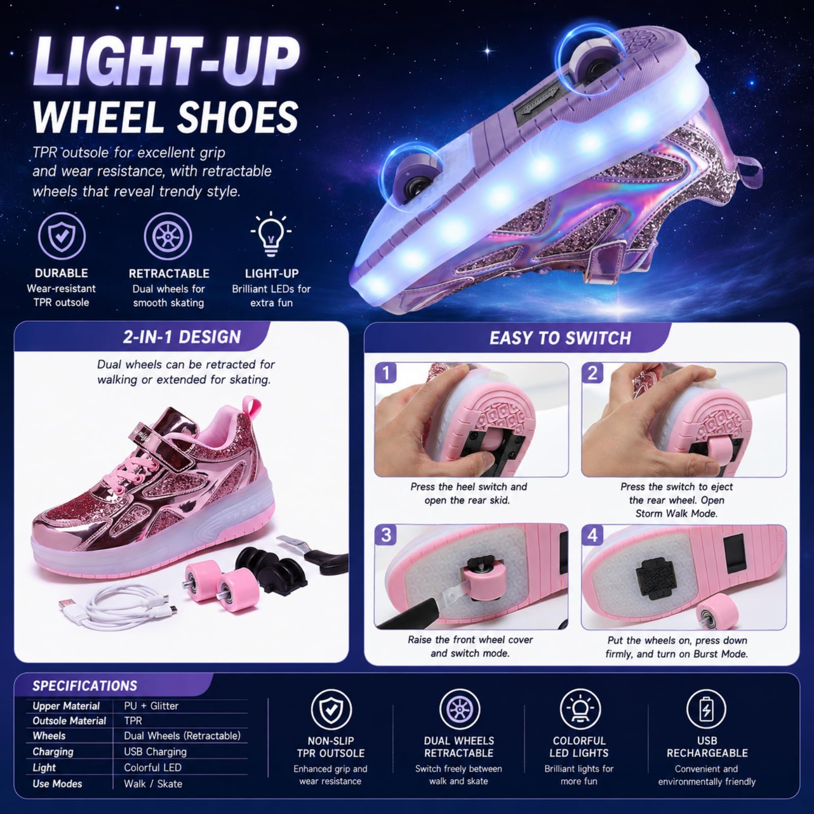 JJDFW - Tenis unisex para niños con ruedas LED con gancho y bucle