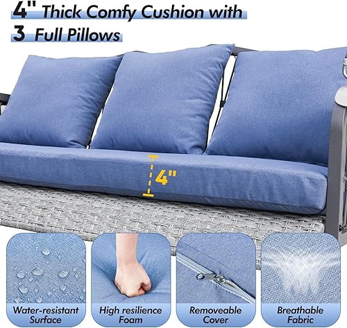 Miniatura 3 de Columpio de mimbre para porche, resistente, 900 libras, 3 asientos, silla columpio para patio al aire libre con cojines y cadenas de 8.9 pies, banco