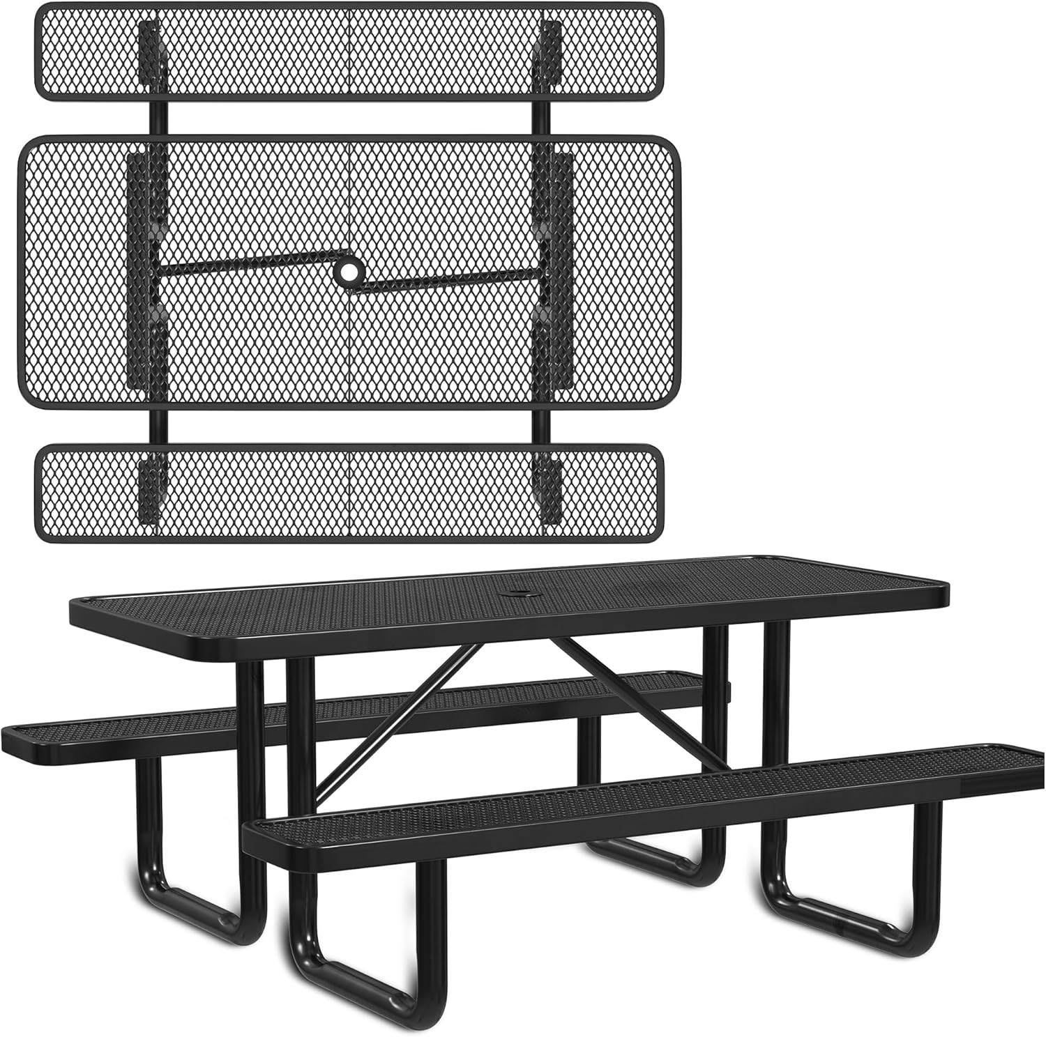 Leisure Craft Metal Picnic Table with Bench - 6 ft Rectangle Outdoor Dining Table for 6, Umbrella Hole, Weatherproof Heavy Duty Thermoplastic Coating, Commercial Grade Furniture Made in USA - Black