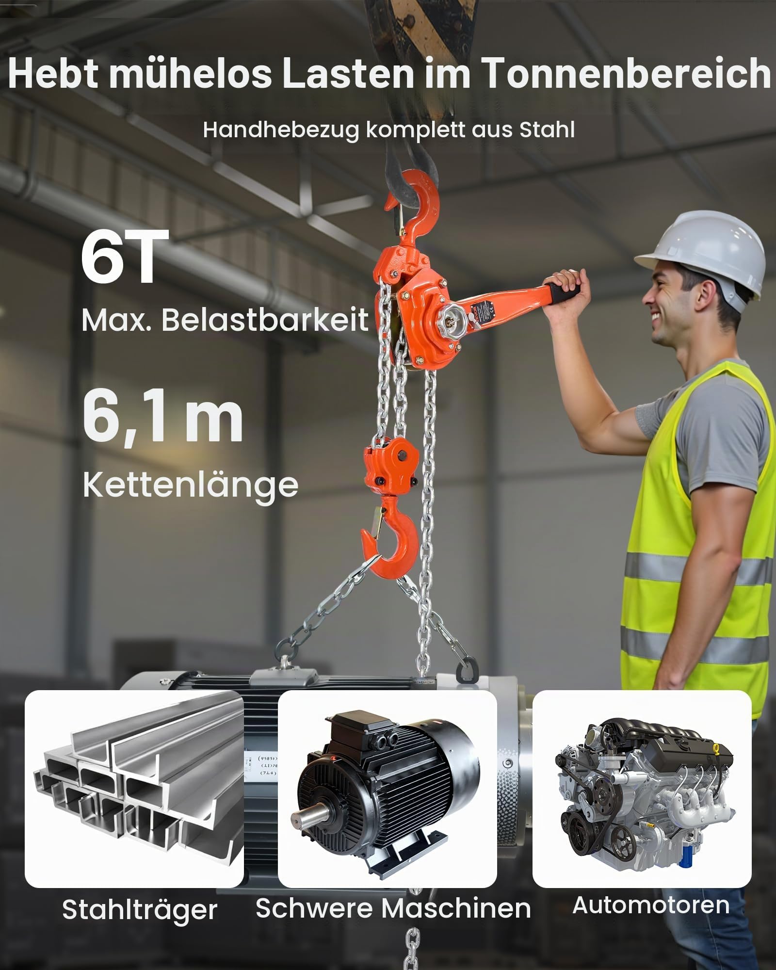 VEVOR Hebelzug, 6 T Kapazität, Handkettenzug, 6 m Hub, Hebezug G80-Legierungsstahlkette mit mechanischer Doppelsperrklinkenbremse, Ratschenzug 360° drehbare Haken, für Lagerhaus, Bau, Garage