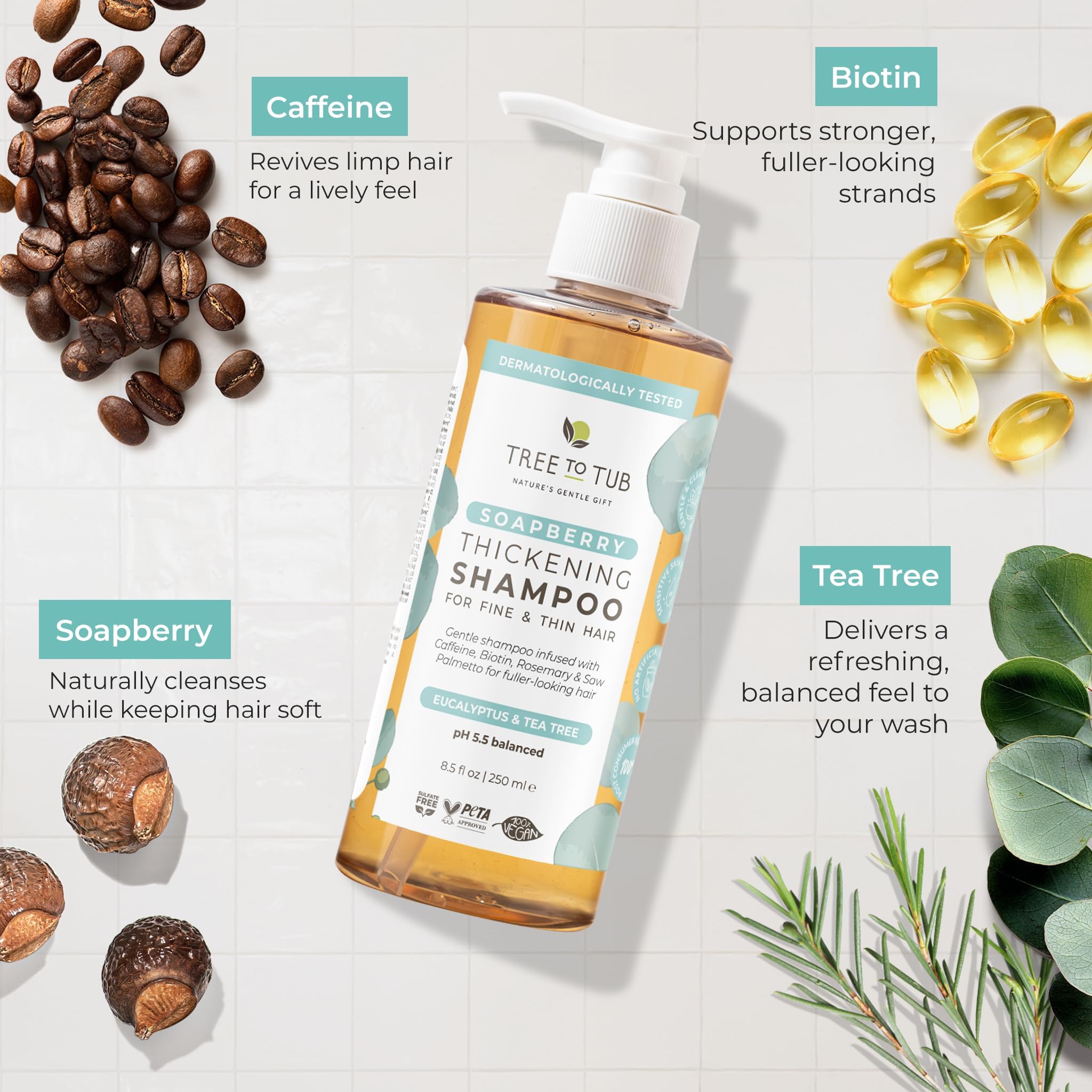 Tree To Tub Biotin Szampon zagęszczający do włosów, dla grubszych i pełniejszych objętości, delikatny szampon z olejkiem arganowym bez siarczanów, dla kobiet i mężczyzn, z kofeiną, organiczna palma do