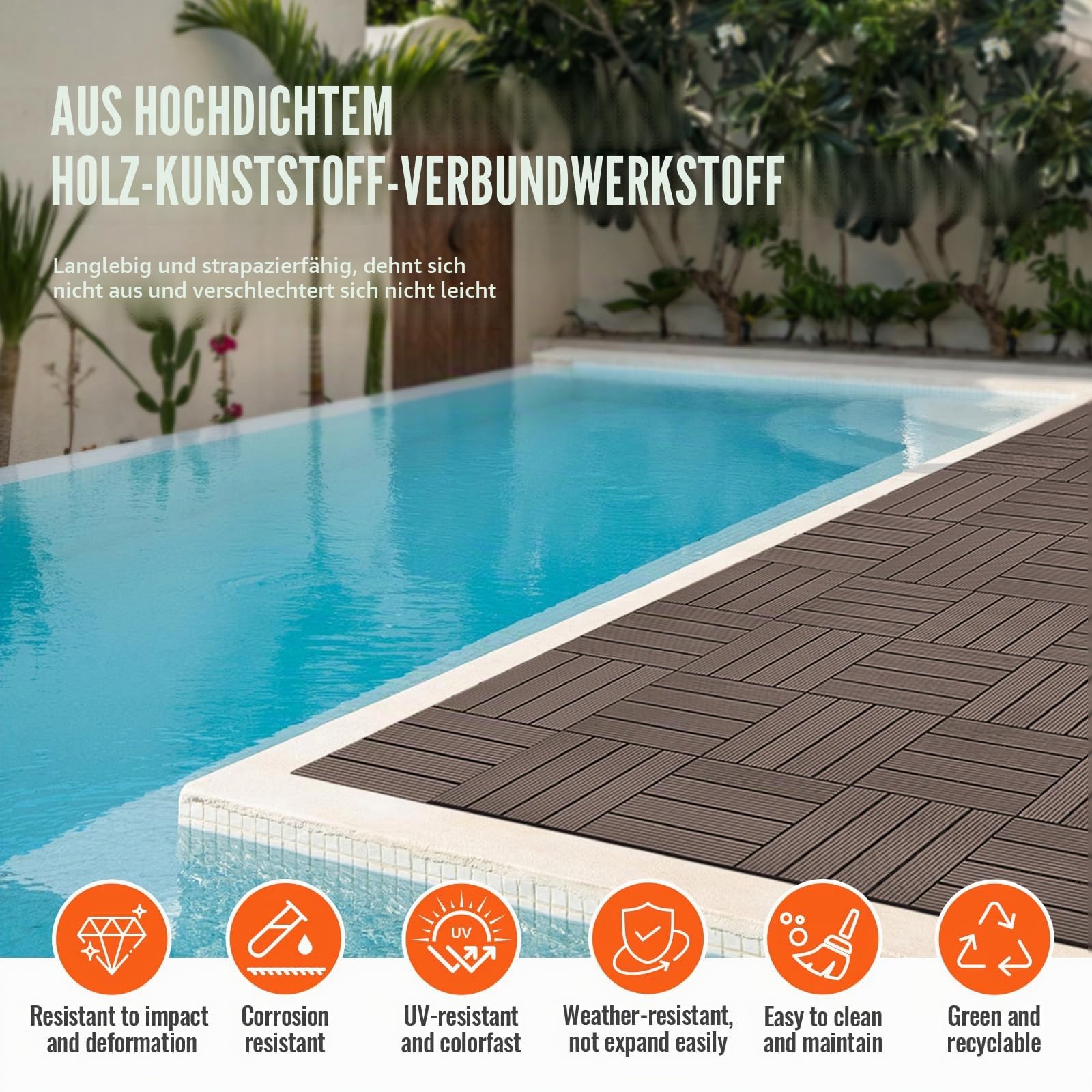VEVOR Terrassenfliesen, 27er-Set, Balkonfliesen 30x30cm, Klickfliesen, wasserdichter Kunststoff-Bodenbelag für den Außenbereich, Terrassenbodenbelag für Veranda, Pool, Balkon, Hinterhof, Dunkelbraun