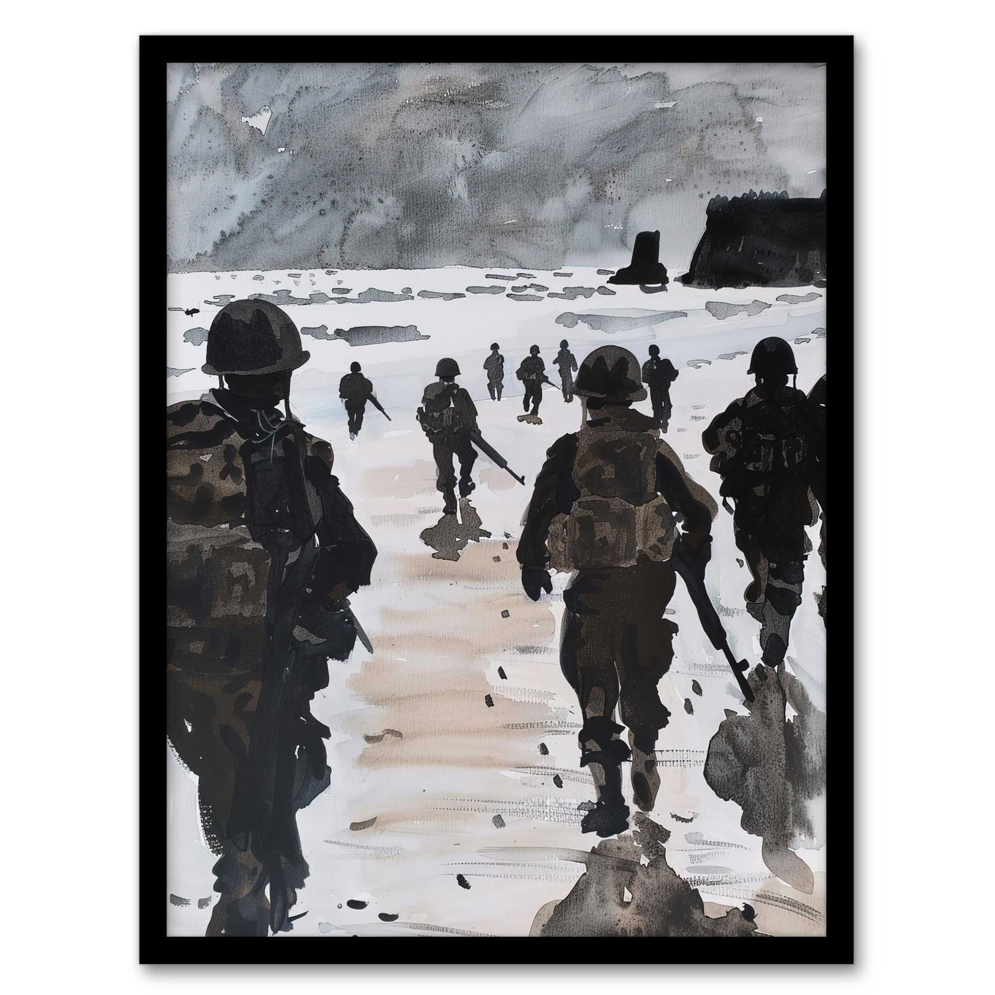 Artery8 D Day Landing Normandy Beach WWII War Soldiers Man Cave Artwork Framed Wall Art Print 18X24 Inch
