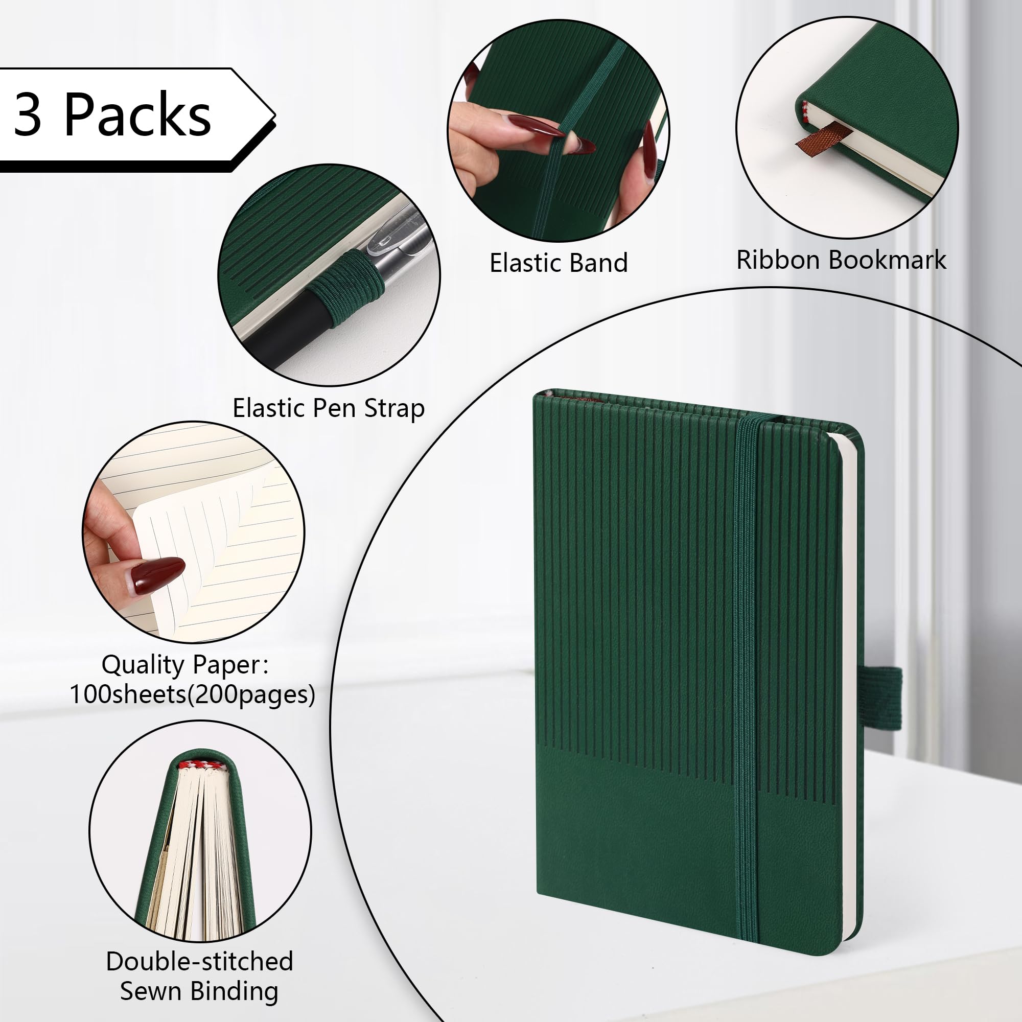 BOBO RABBIT Paquete de 3 cuadernos de bolsillo tamaño A6, tamaño pequeño, para tomar notas, tapa dura, de piel, rayado, bloc de notas para mujeres y hombres