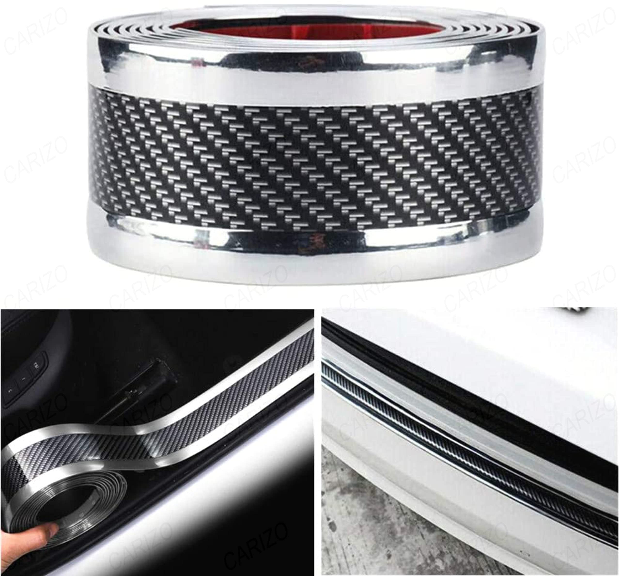 CARIZO Car Sticker Carbon Fibre Rubber Entry Guards Scratch Cover Protector Threshold Guard, (5CM x 2.5M) Car Bumper Door Guard/Rear Bumper Guard Scratch Protection Strip (Carbon Black with Silver)