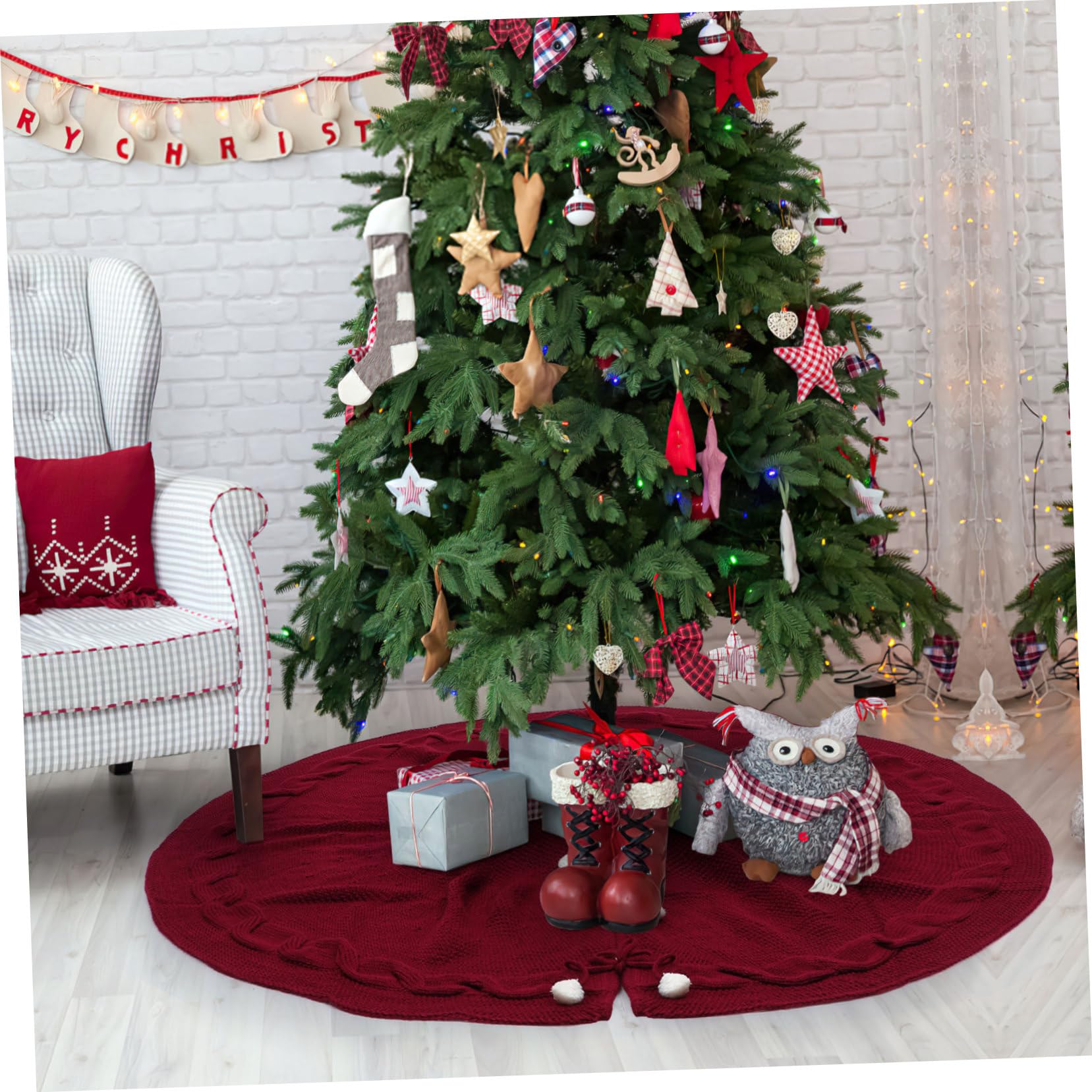 Cabilock Gonna Per Albero Di Natale Rosso Vino in Lana Lavorata a Maglia 120 Cm Di Diametro, Grembiule Decorativo Per Albero Natalizio Da Interno Per Casa, Negozi e Hotel